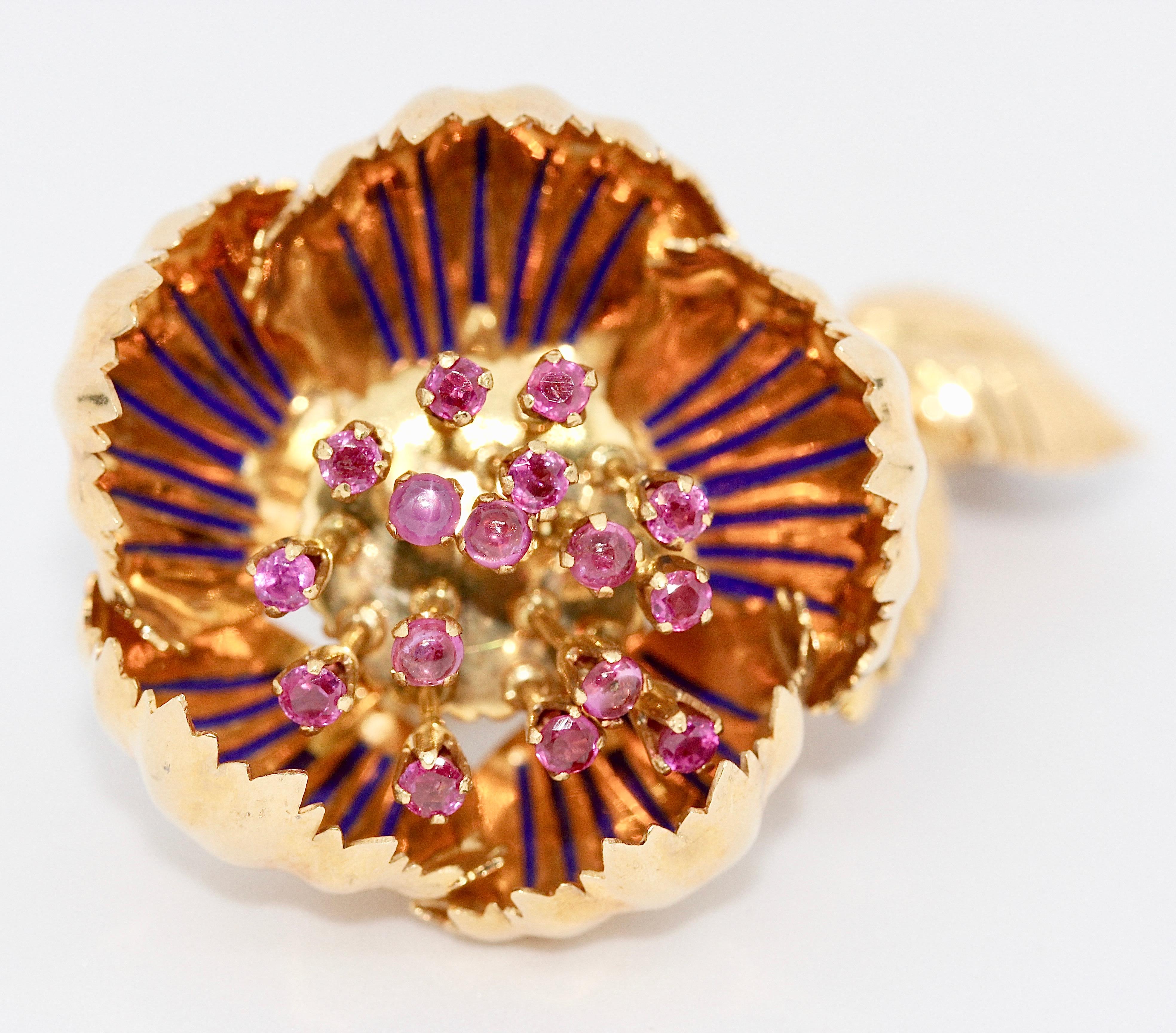 Enchanting, 18 Karat Floral Gold Brooch with Movable Petals, Rubies and Enamel For Sale 2