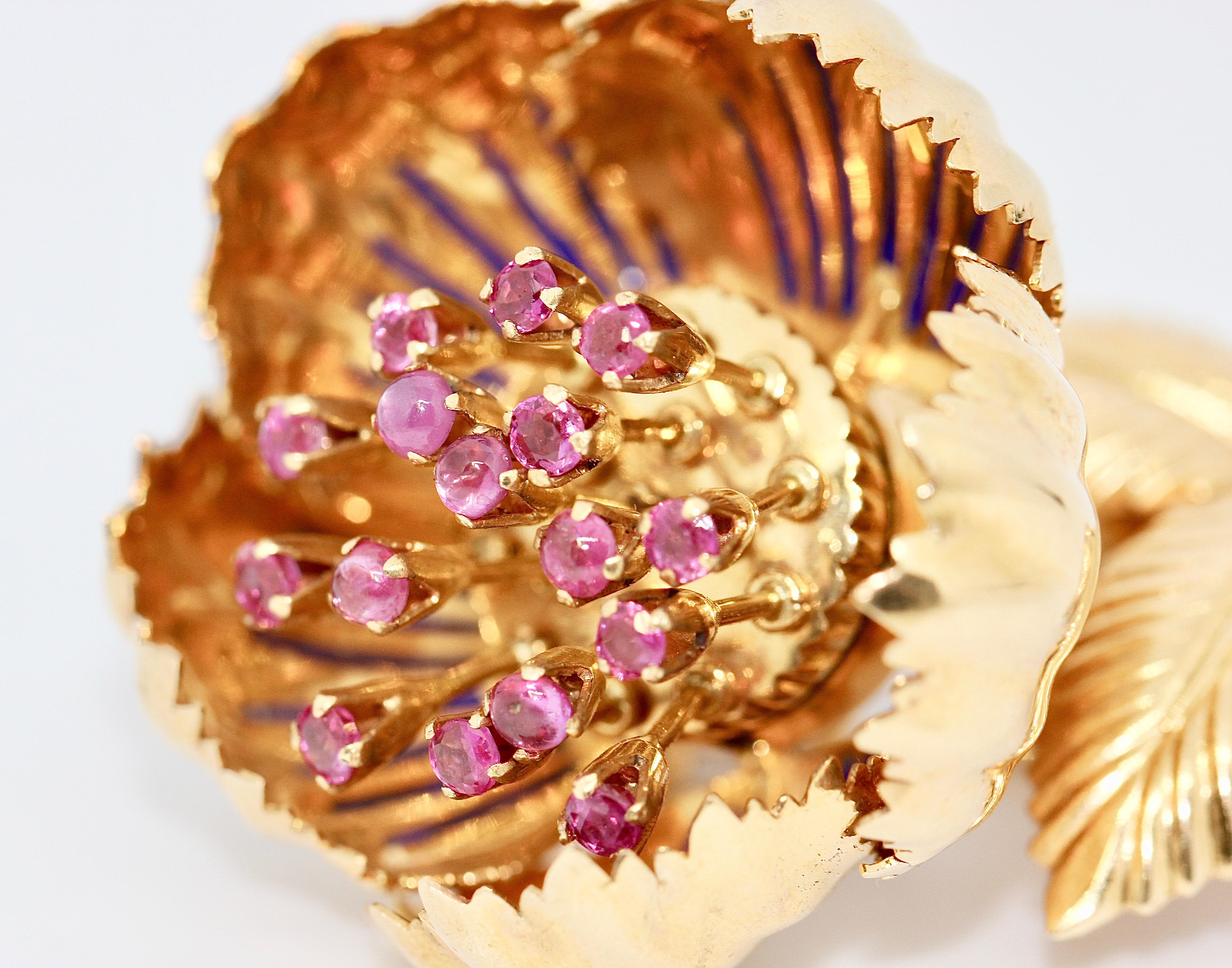 Enchanting, 18 Karat Floral Gold Brooch with Movable Petals, Rubies and Enamel For Sale 3