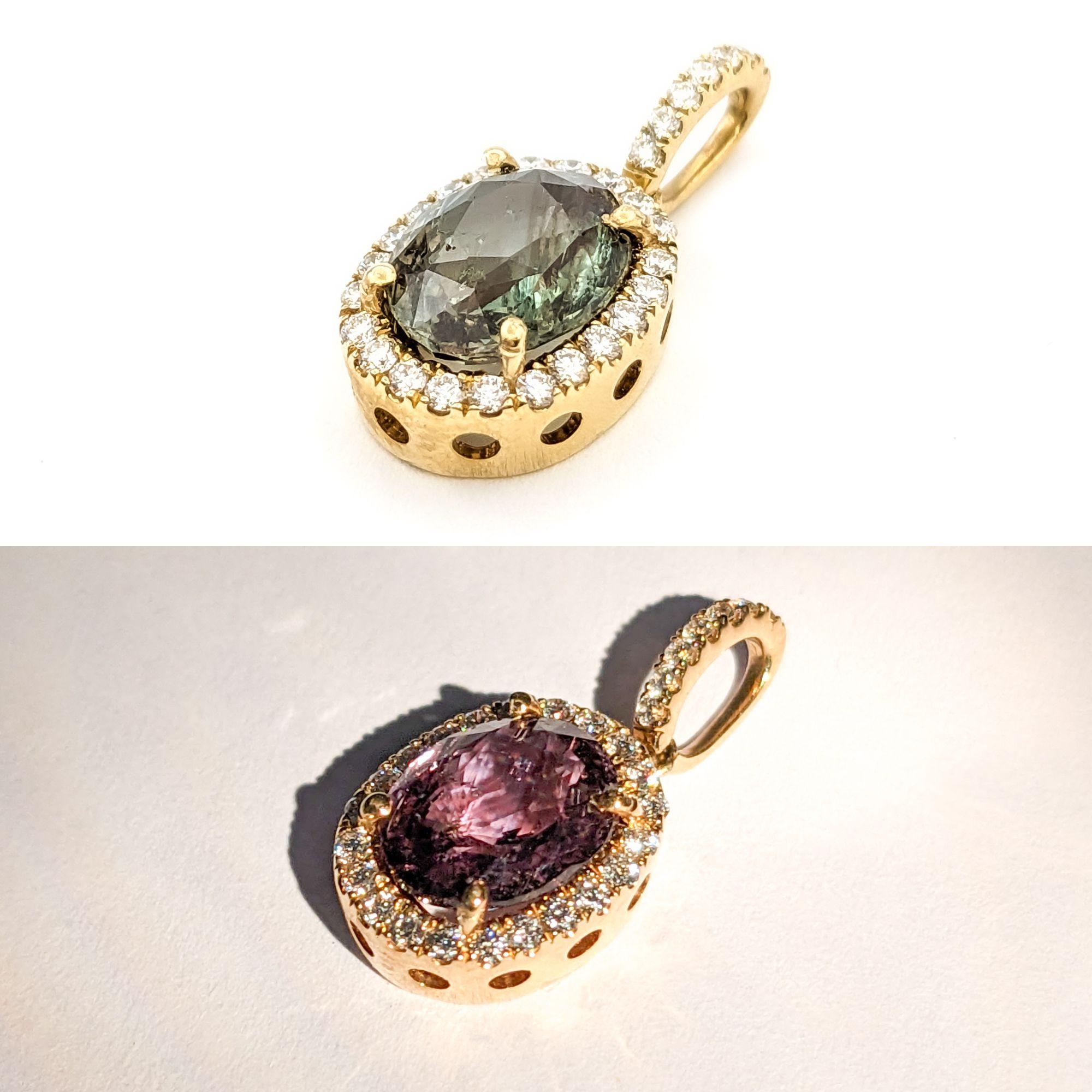 Enchanting 1.83ct Natural Alexandrite & Diamond Pendant Necklace

Introducing this exquisite pendant, meticulously crafted in 14k yellow gold adorned with .20ctw of dazzling round diamonds. The diamonds, known for their sparkling brilliance,