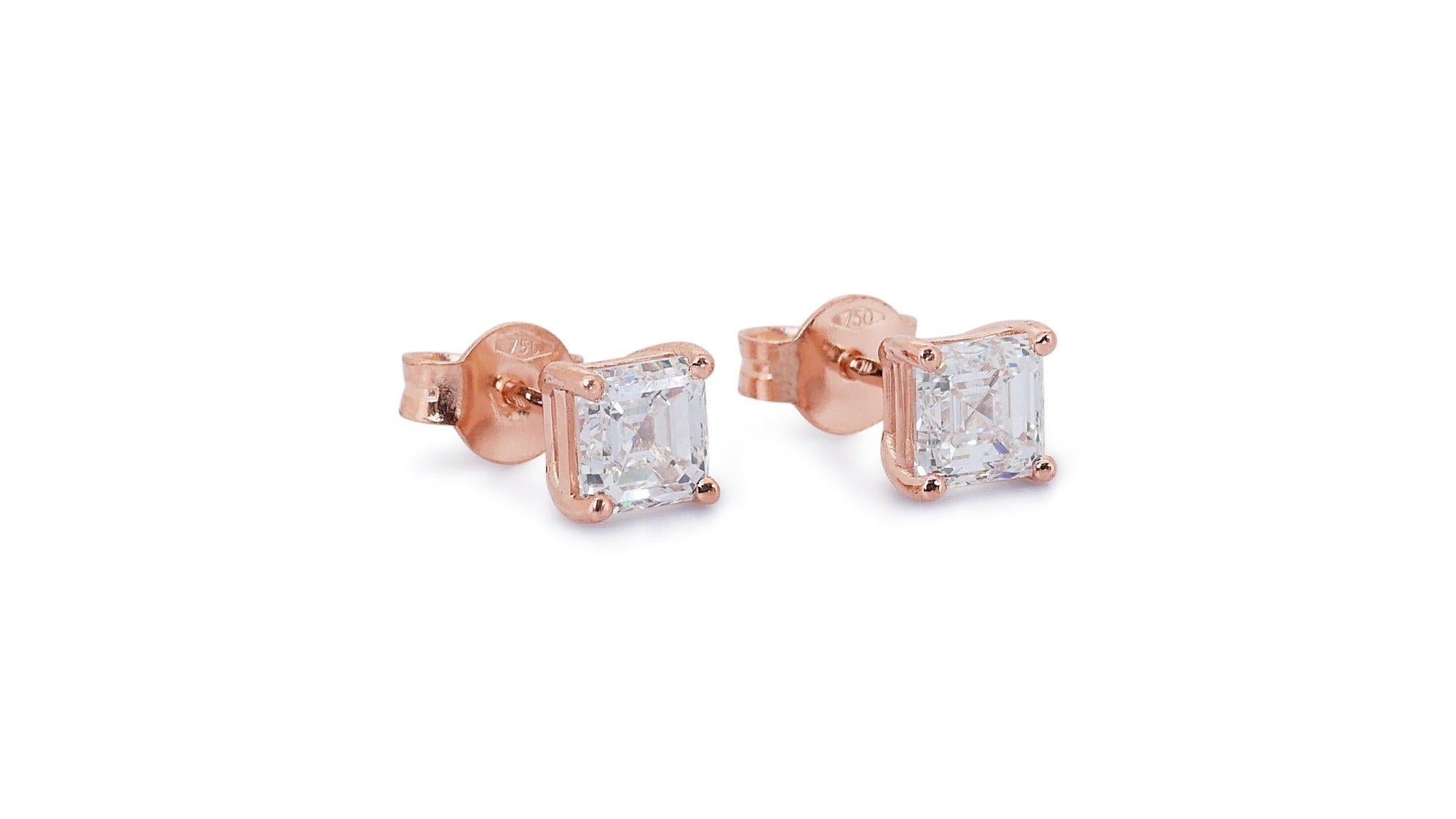 Square Cut Enchanting 18K Rose Gold Natural Diamond Stud Earrings w/2.02ct - GIA Certified For Sale
