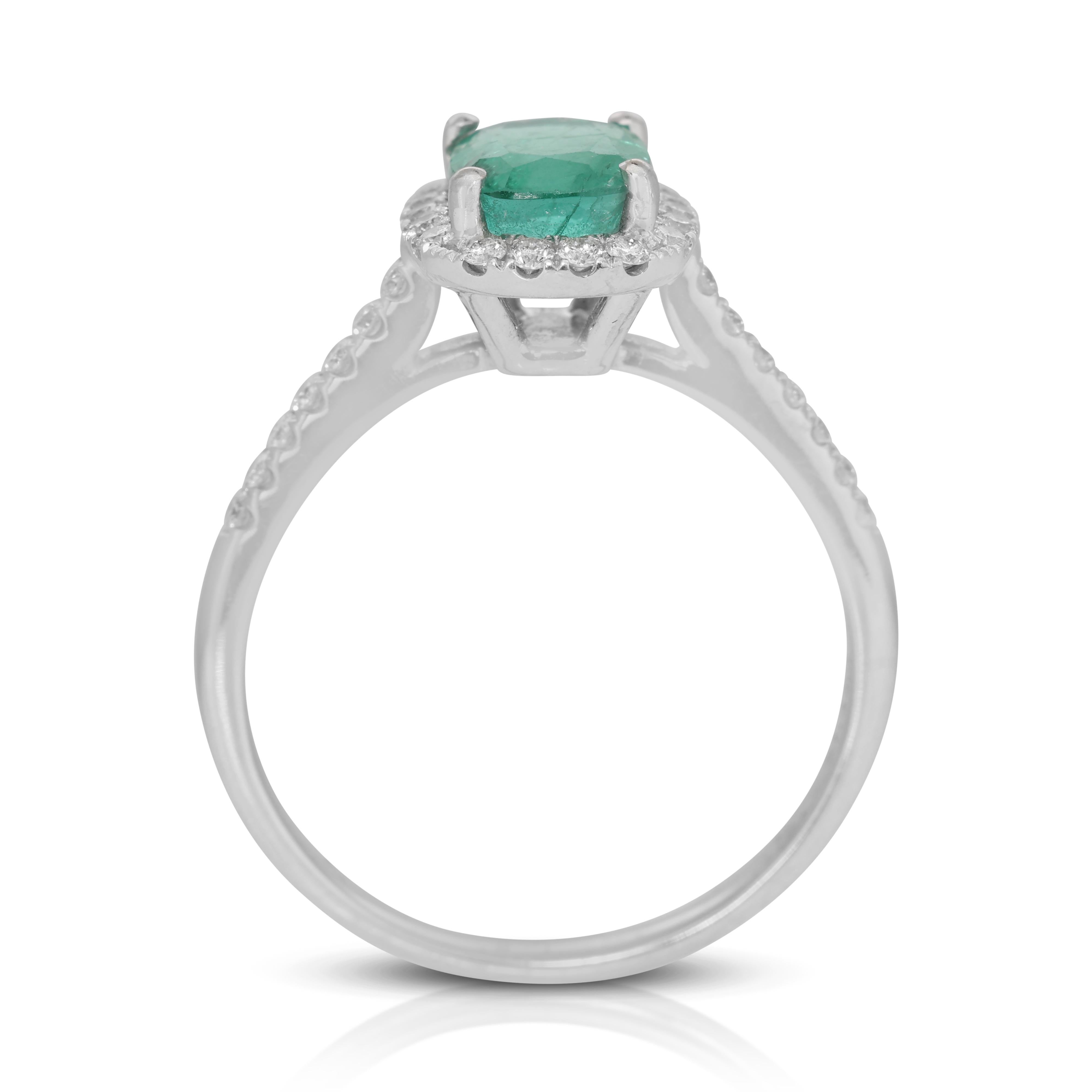 Enchanting 18k White Gold Cushion Emerald and Diamond Halo Ring w/2.10 ct - IGI  For Sale 1