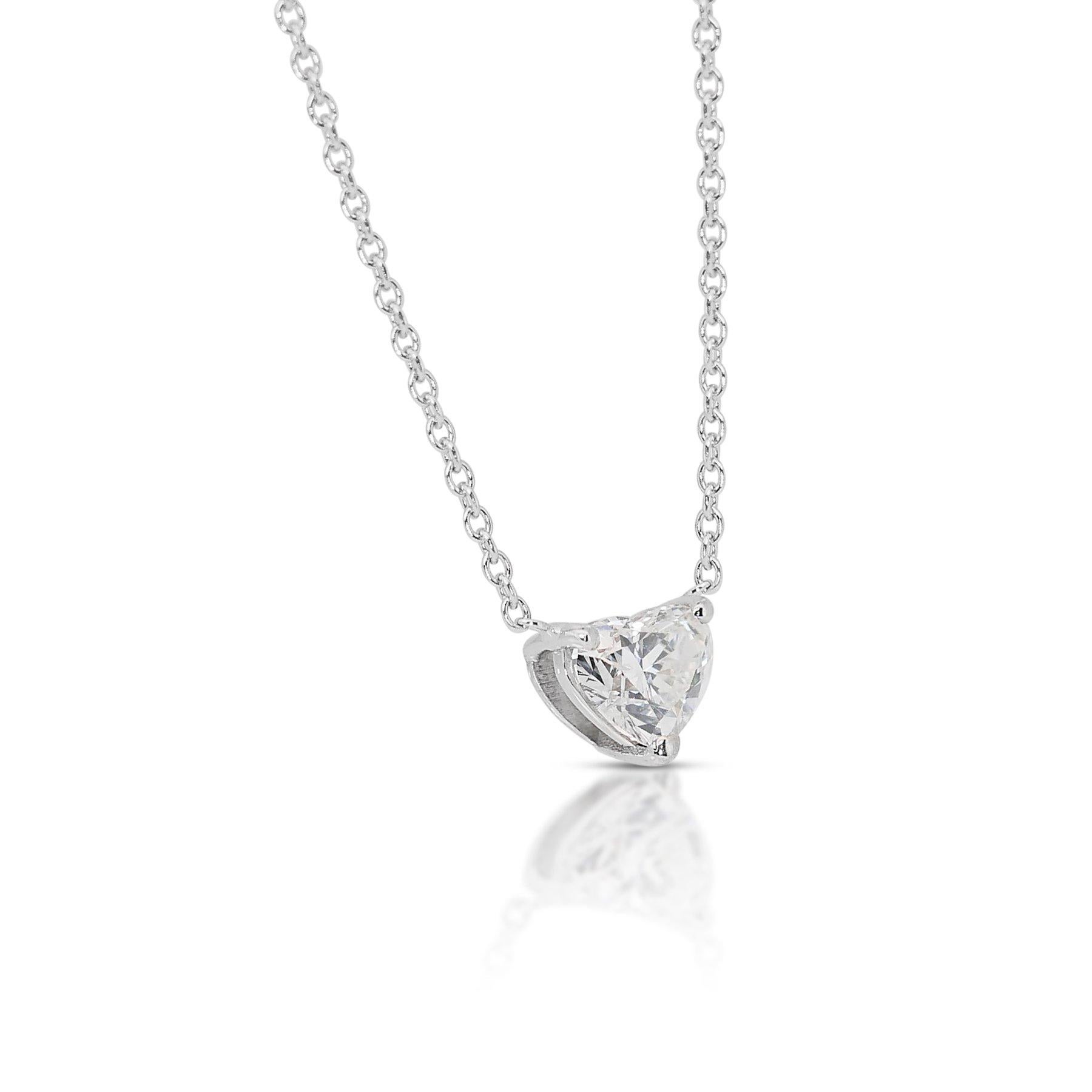 Enchanting 18k White Gold Heart-Shaped Diamond Solitaire Necklace w/0.71 ct  For Sale 1