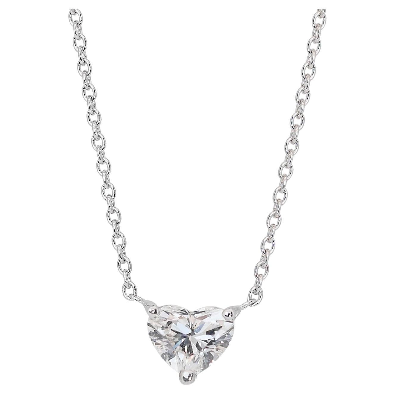 Enchanting 18k White Gold Heart-Shaped Diamond Solitaire Necklace w/0.71 ct  For Sale