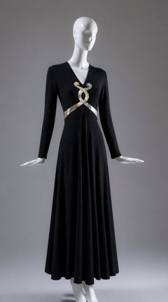 Enchanting 1970s Black Evening Gown with Dual-Tone Serpent Snake