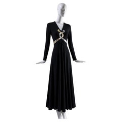 Enchanting 1970s Black Evening Gown with Dual-Tone Serpent Snake