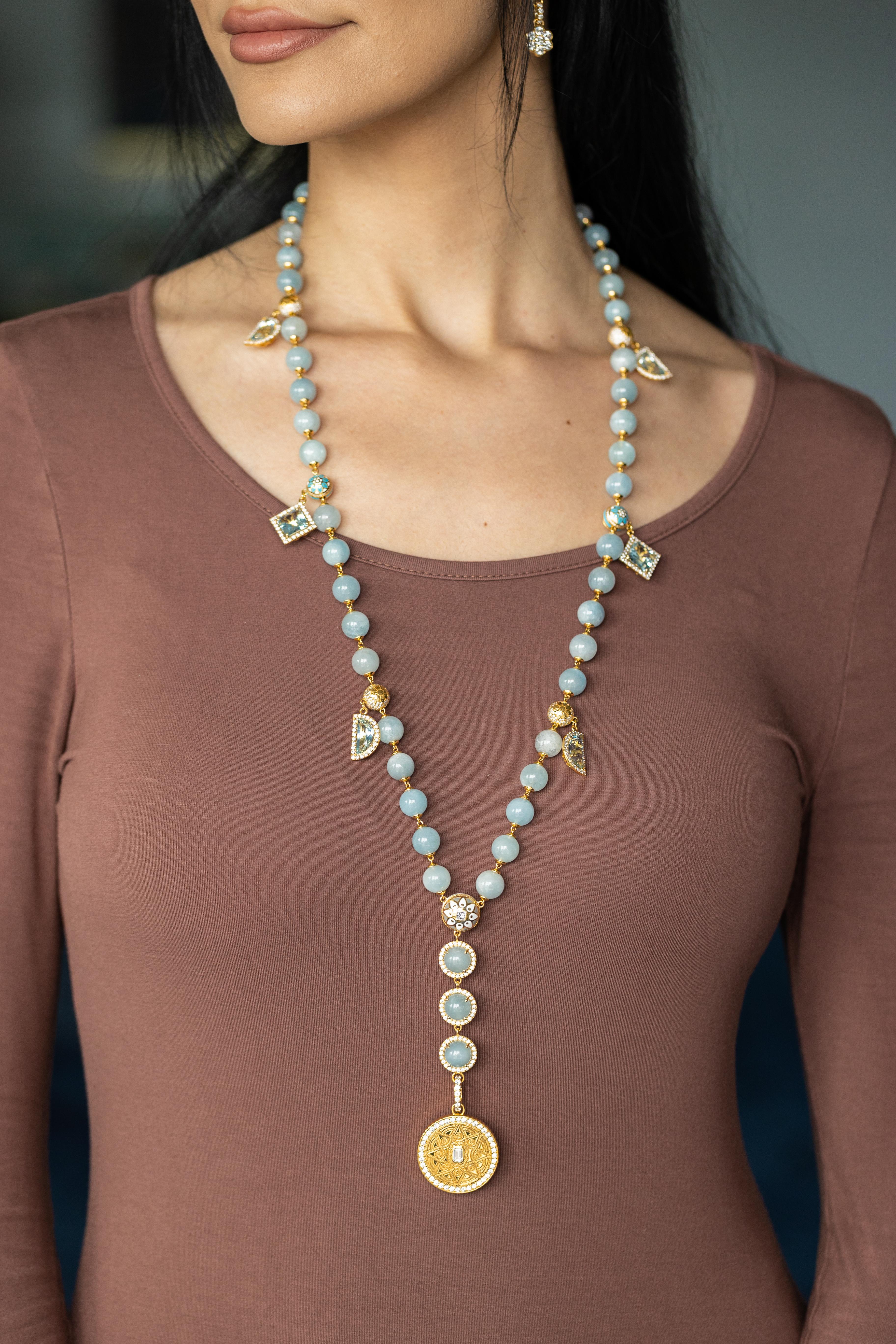 Bead Enchanting 20K Yellow Gold Necklace with Aquamarine and Diamonds by Buddha Mama For Sale
