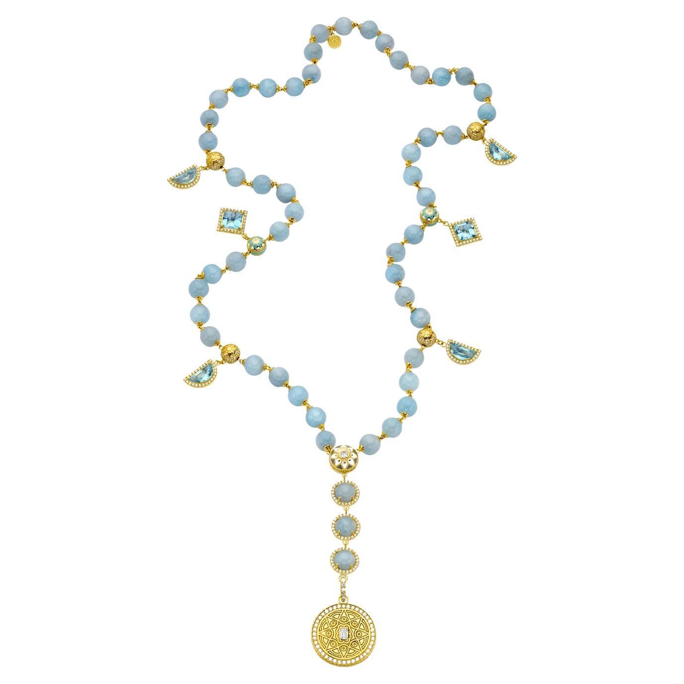 Enchanting 20K Yellow Gold Necklace with Aquamarine and Diamonds by Buddha Mama