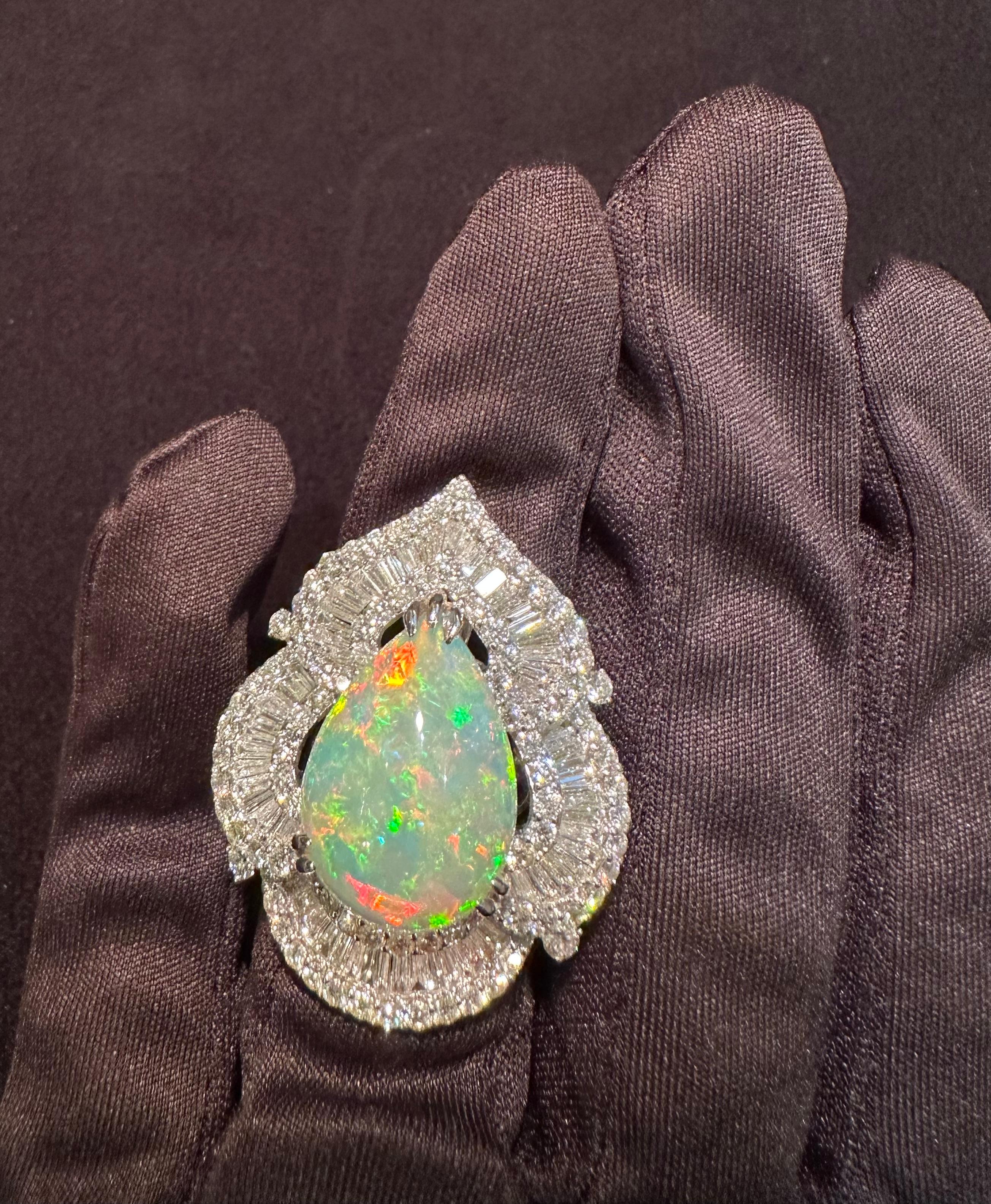 Enchanting 24.70 Carat Opal and Diamond Scalloping Pear Shape 18K Cocktail Ring For Sale 4
