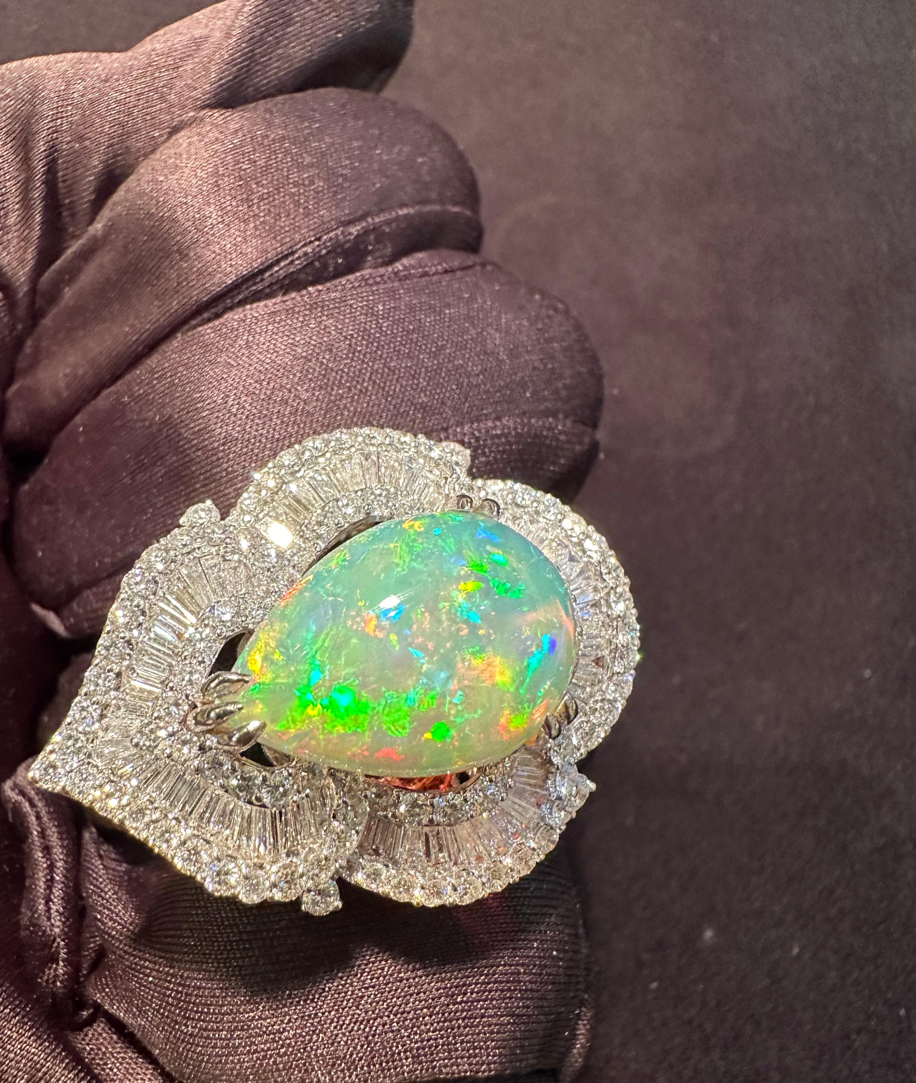 Pear Cut Enchanting 24.70 Carat Opal and Diamond Scalloping Pear Shape 18K Cocktail Ring For Sale