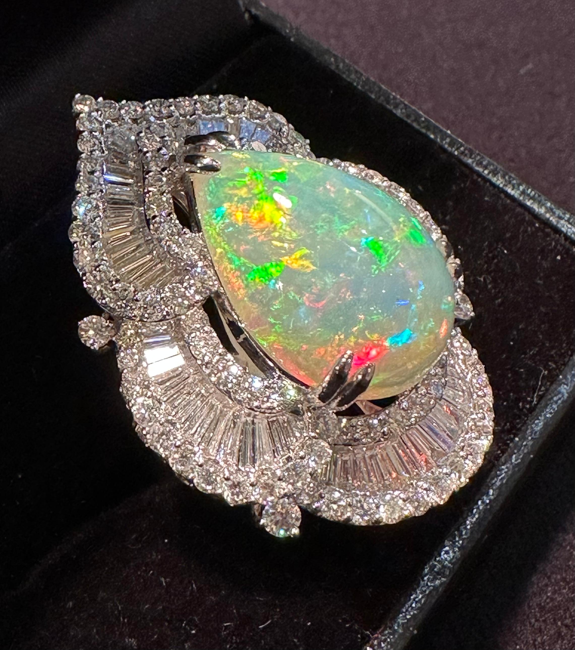 Enchanting 24.70 Carat Opal and Diamond Scalloping Pear Shape 18K Cocktail Ring For Sale 1
