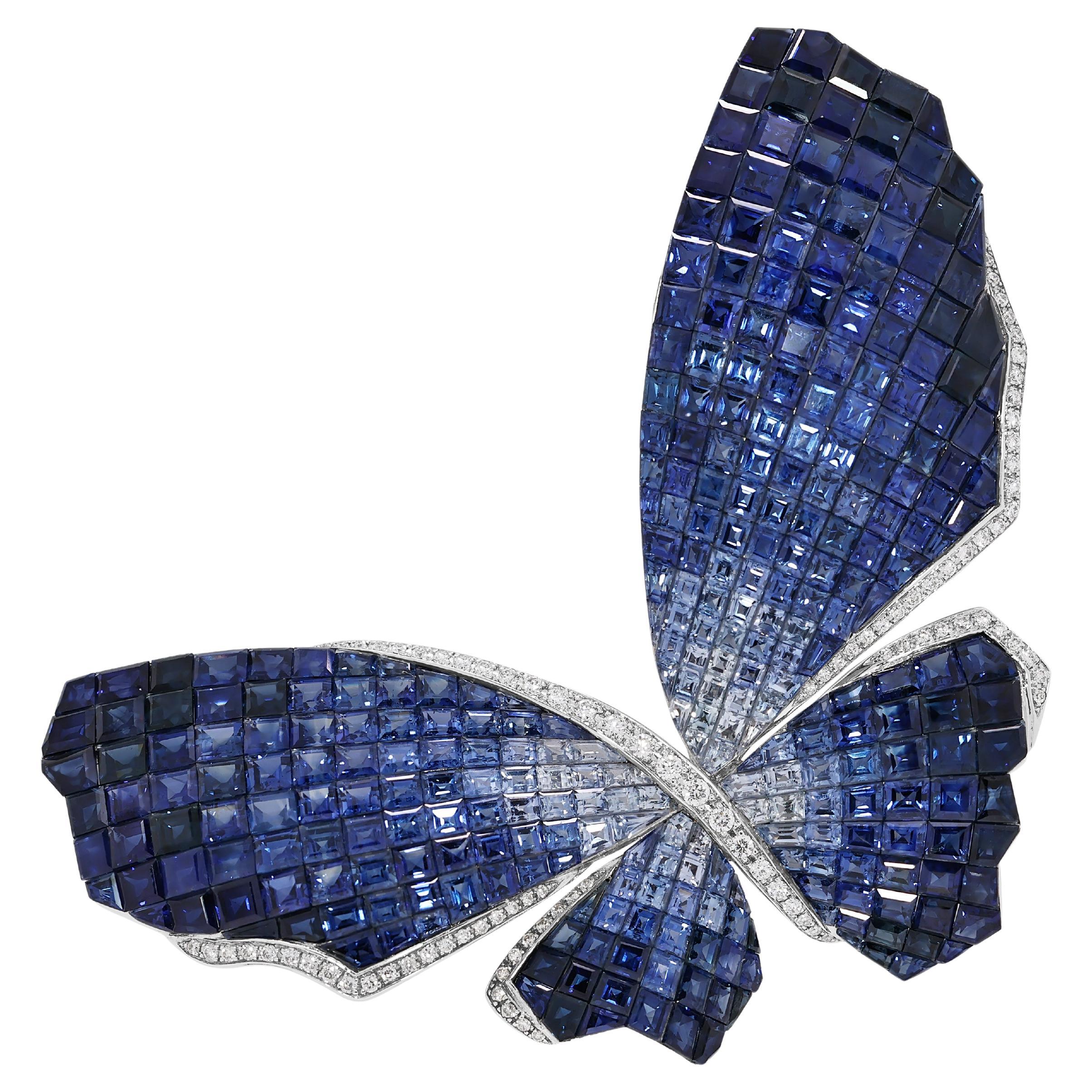 Enchanting 39.18ct Sapphire and Diamond Butterfly Brooch in 18K White Gold