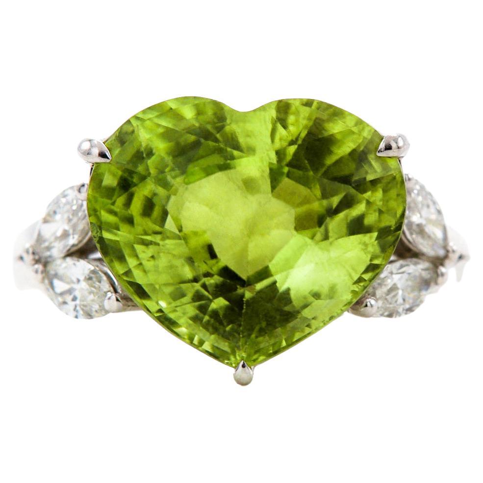 Enchanting 7.62 Carat Burmese Peridot Heart Ring 