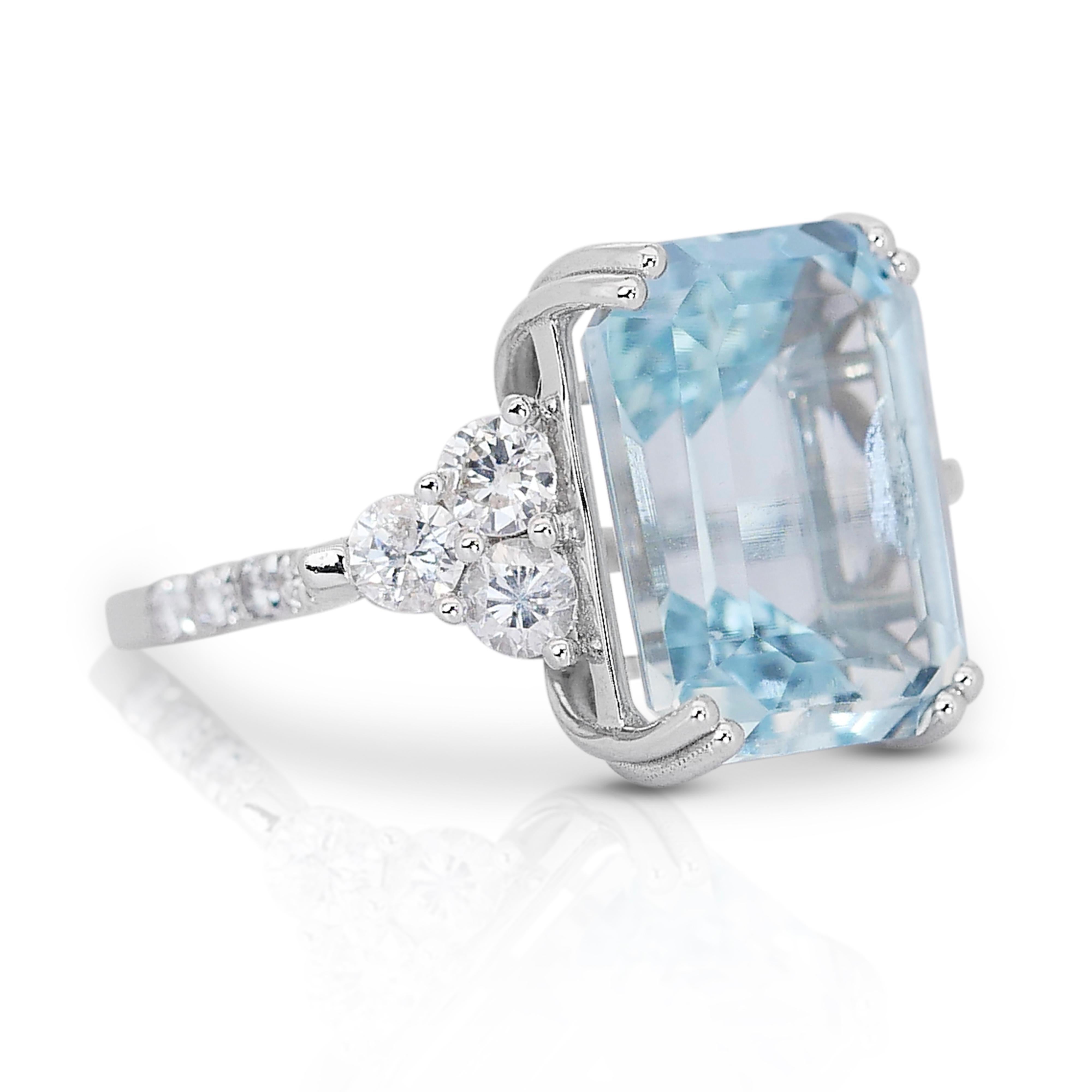 Women's Enchanting 8.80 Carat Emerald Cut Aquamarine Ring in 14K White Gold