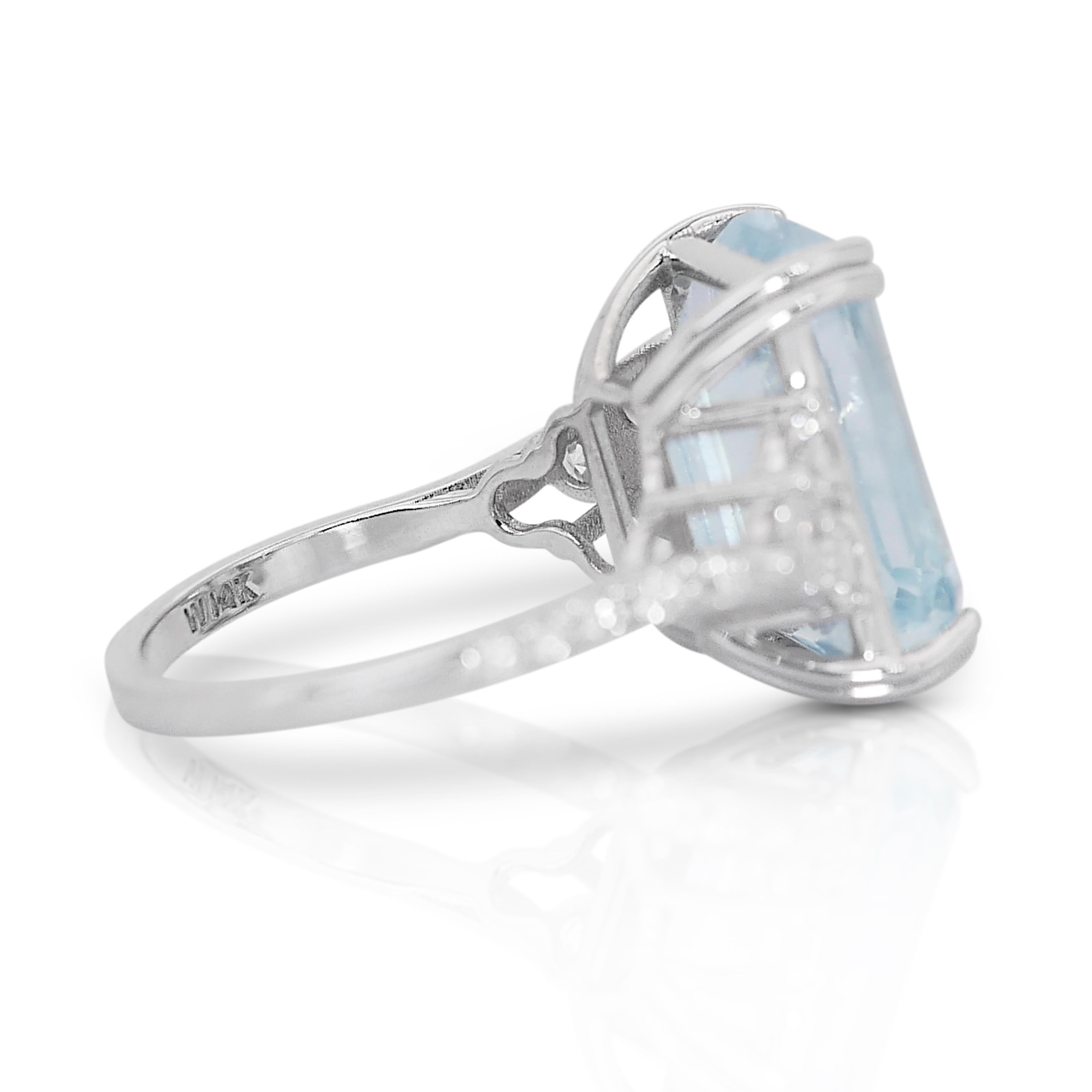 Enchanting 8.80 Carat Emerald Cut Aquamarine Ring in 14K White Gold 4