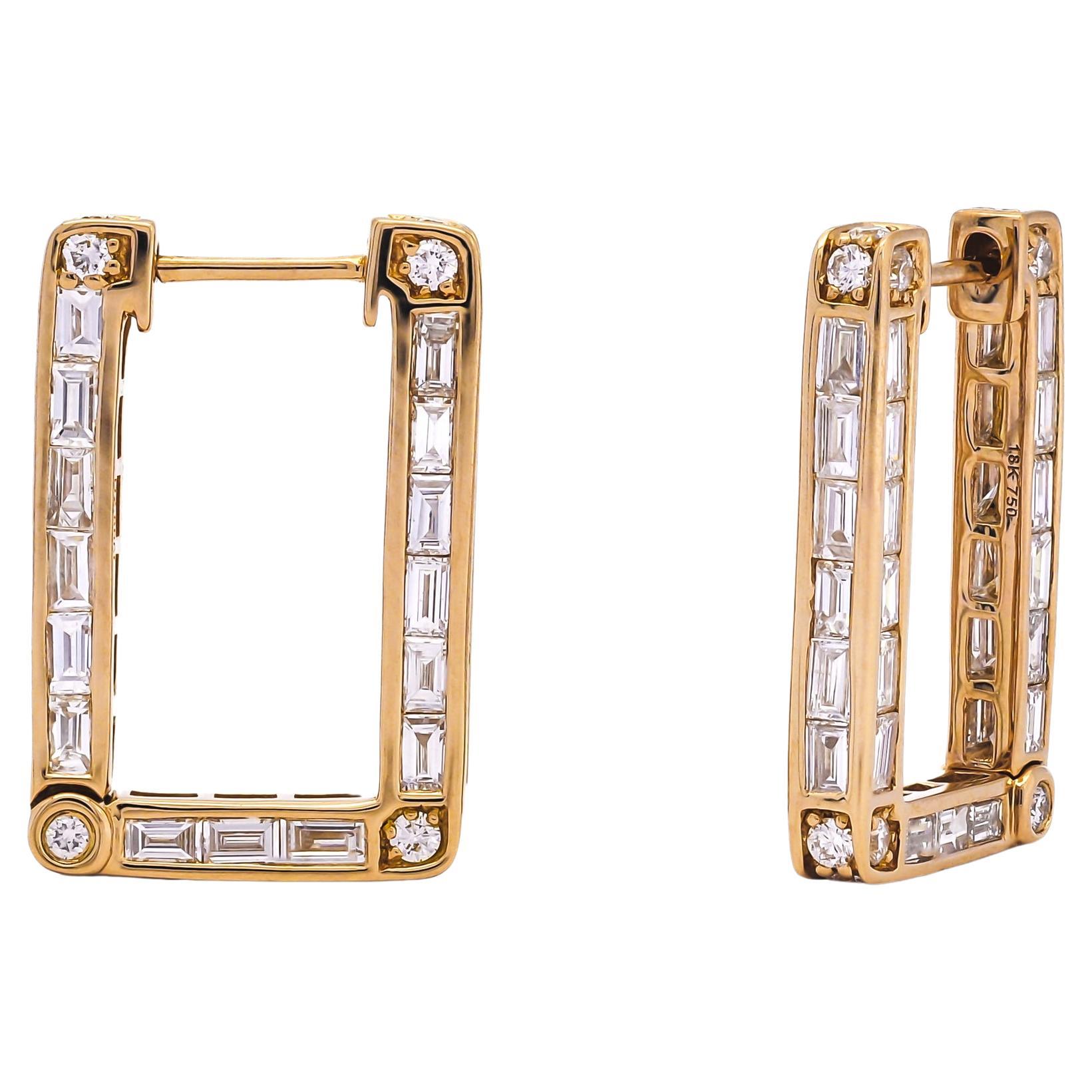 Natural Diamonds 2.68ct 18K Rose Gold Inside Out Baguette Quad Hoop Earrings  For Sale