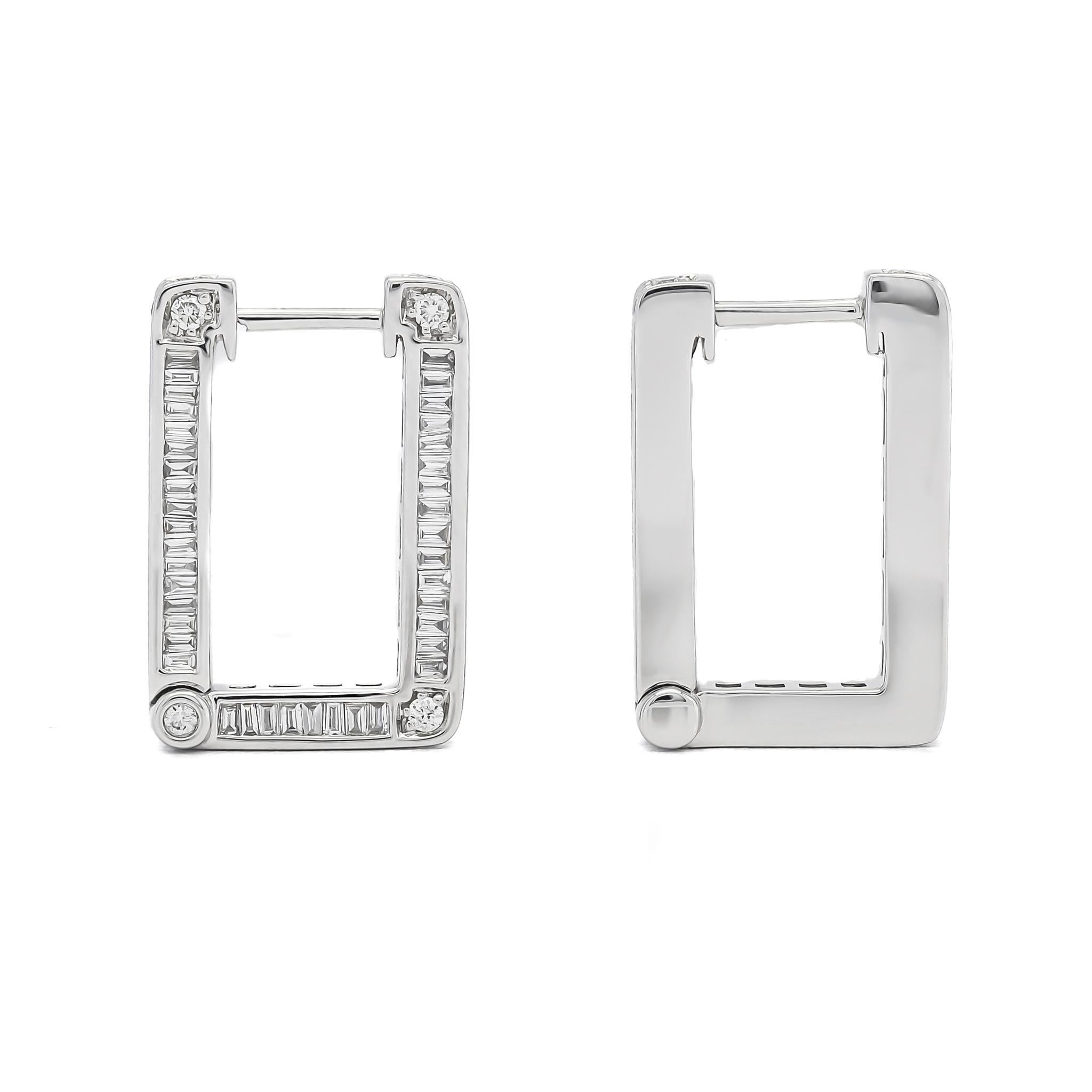 Exude elegance with our Inside Out Baguette Quad Hoop Earrings in 18K White Gold, adorned with a breathtaking 2.90 carats of exquisite baguette-cut diamonds. Meticulously crafted to perfection, the diamonds sparkle and shimmer from every angle,