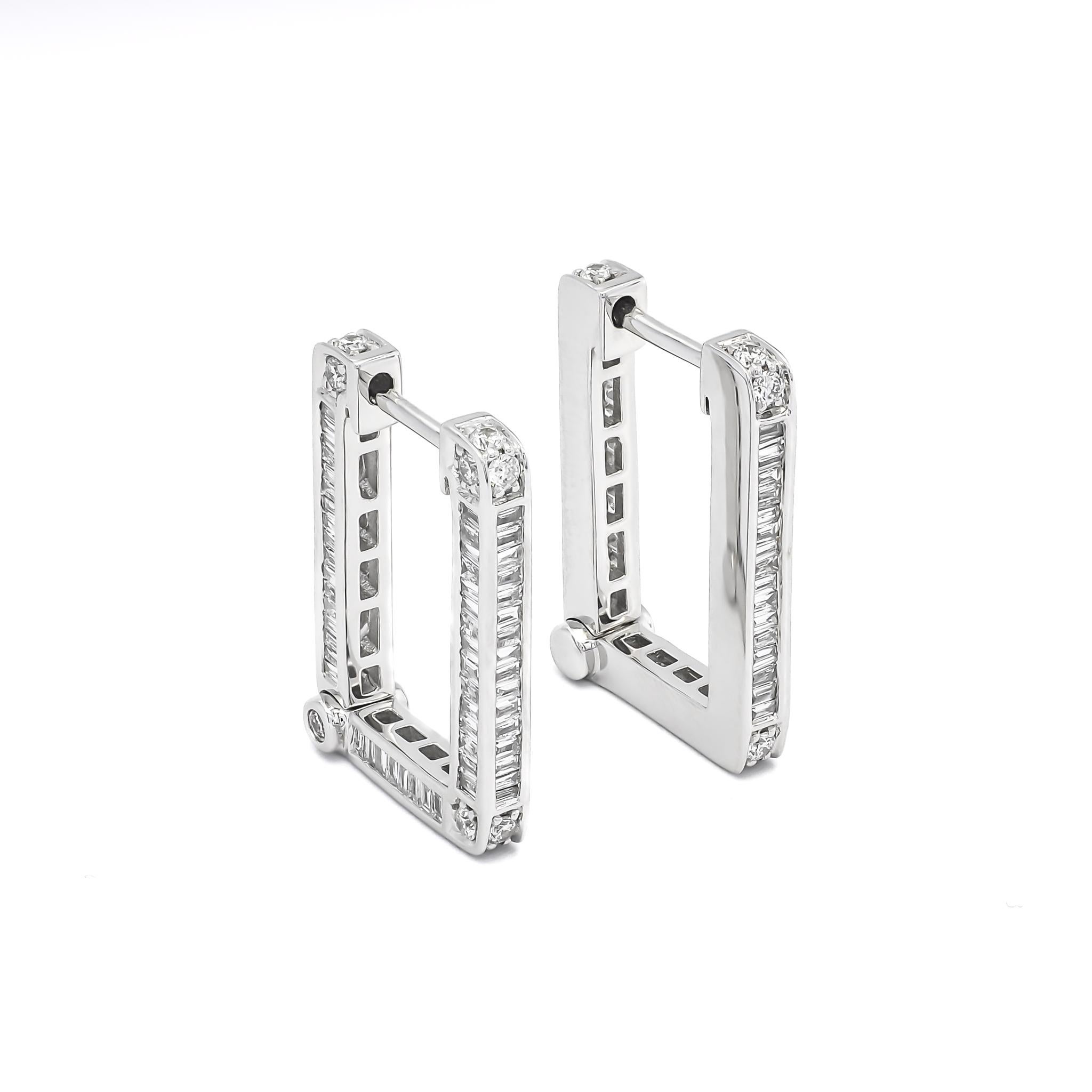 Modern Natural Diamond  0.92 cts 18 KARAT White Gold In N Out Baguette Hoop Earrings For Sale
