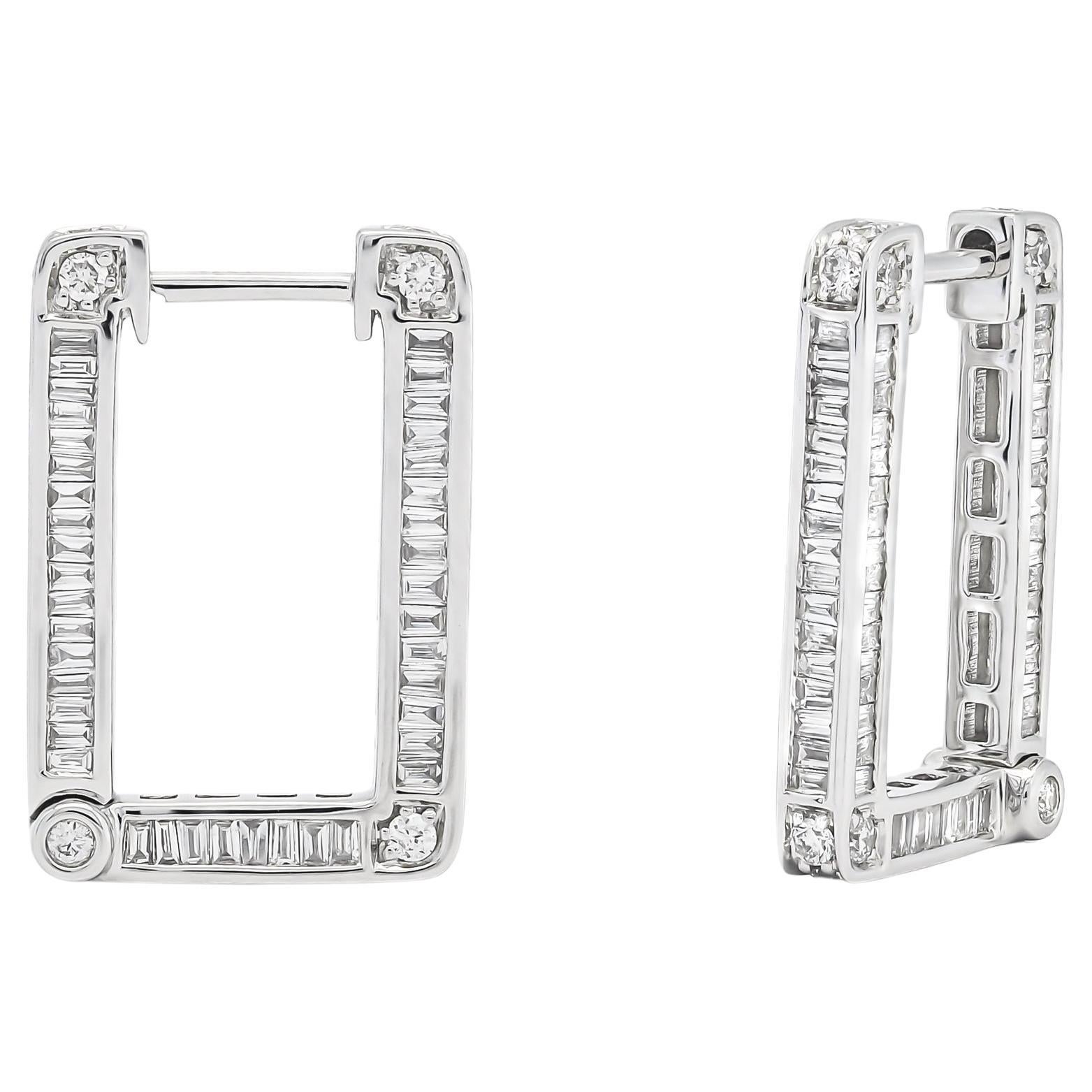 Natural Diamond  0.92 cts 18 KARAT White Gold In N Out Baguette Hoop Earrings