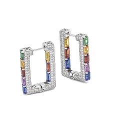 Natural Diamonds 1.55 ct 18 Karat White Gold 4.54 cts Rainbow Sapphires Hoops