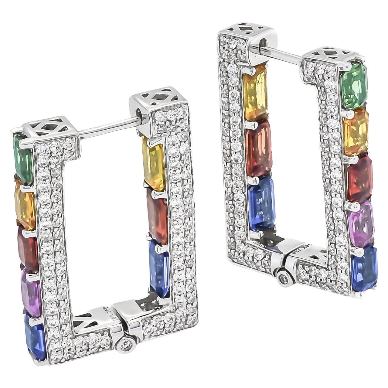 Natural Diamonds 1.55 ct 18 Karat White Gold 4.54 cts Rainbow Sapphires Hoops  For Sale