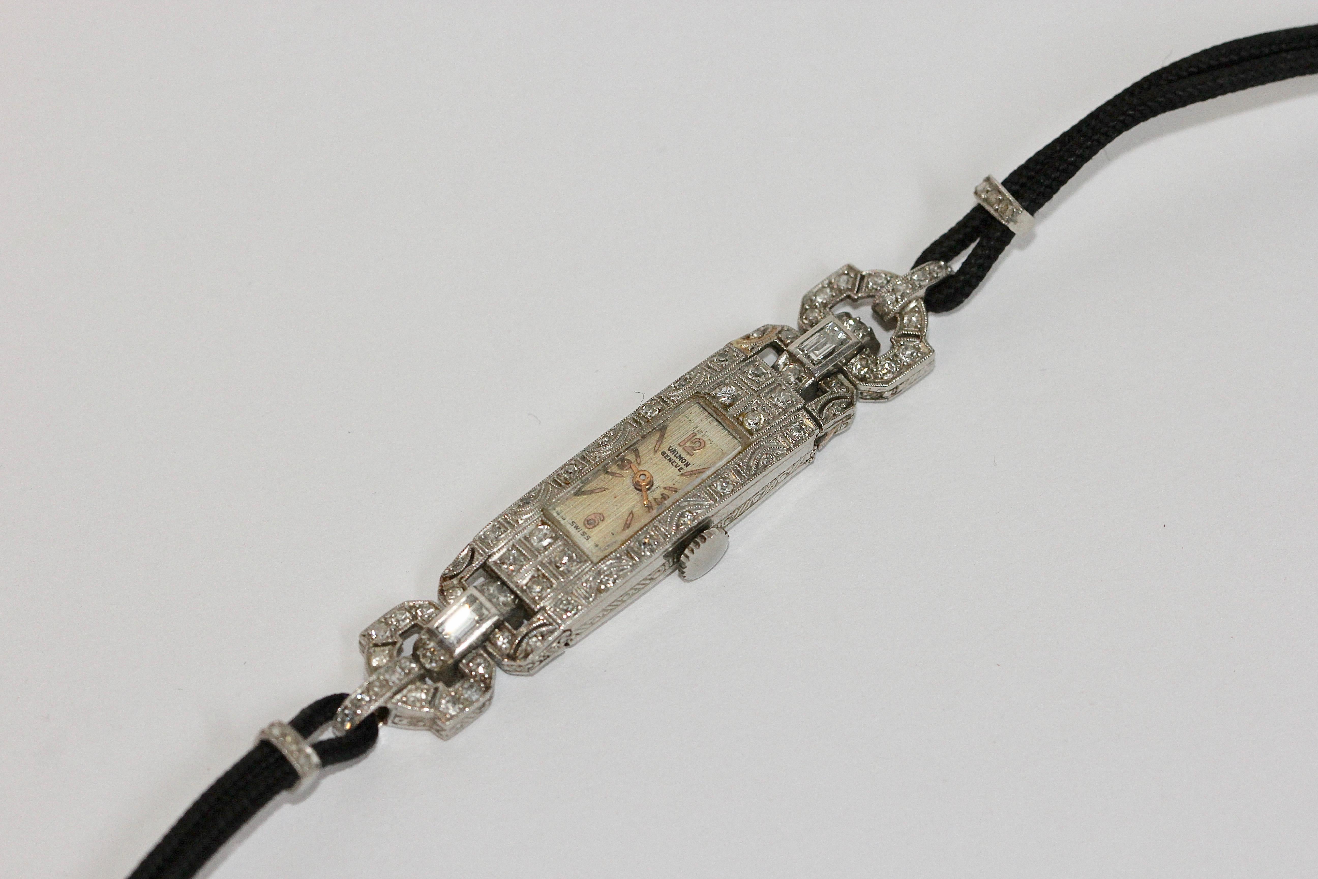 Enchanting Art Deco Platinum Ladies Wristwatch with Diamonds, Valmon Geneve For Sale 3