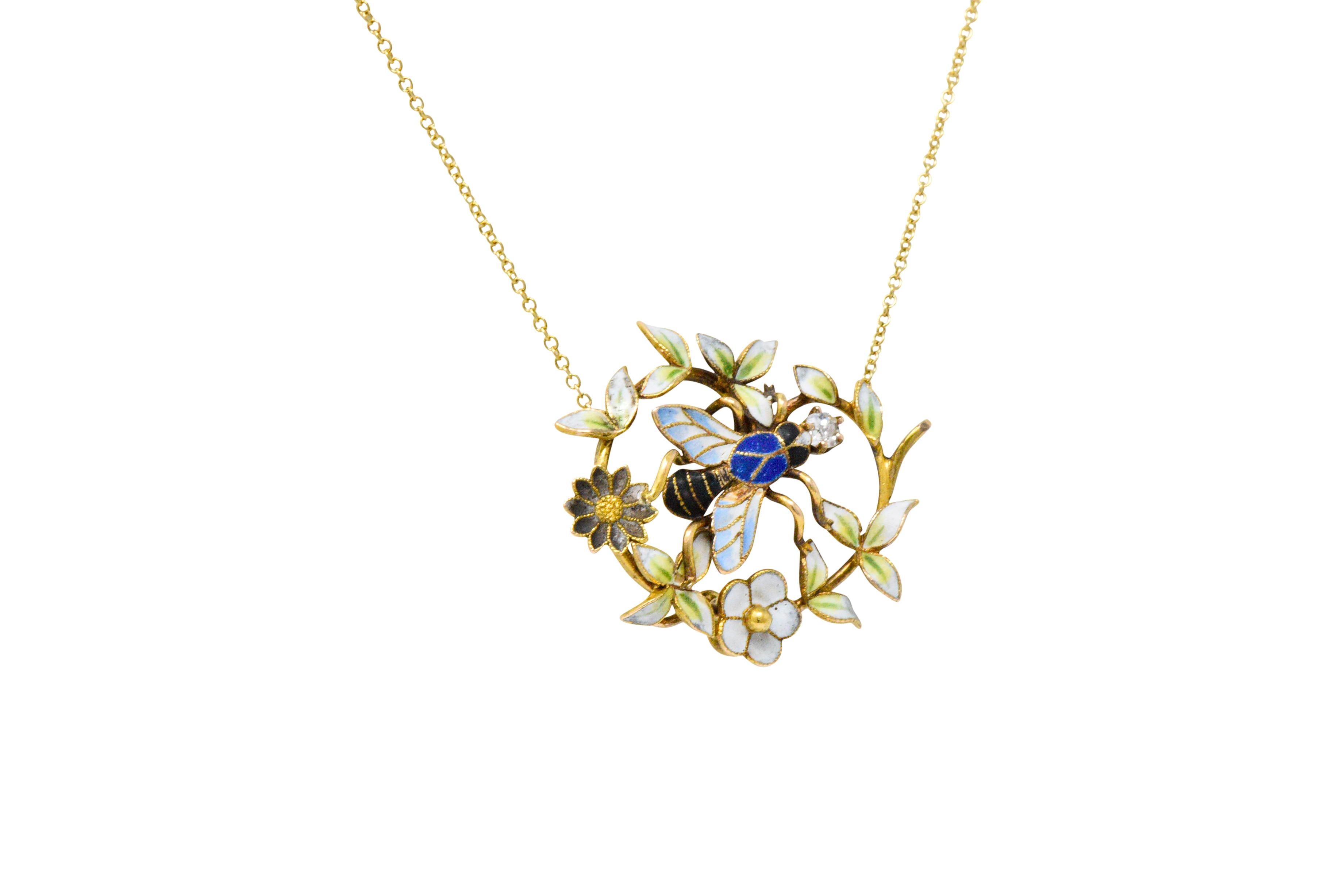 Enchanting Art Nouveau Diamond Enamel 14 Karat Gold Bee Necklace In Excellent Condition In Philadelphia, PA