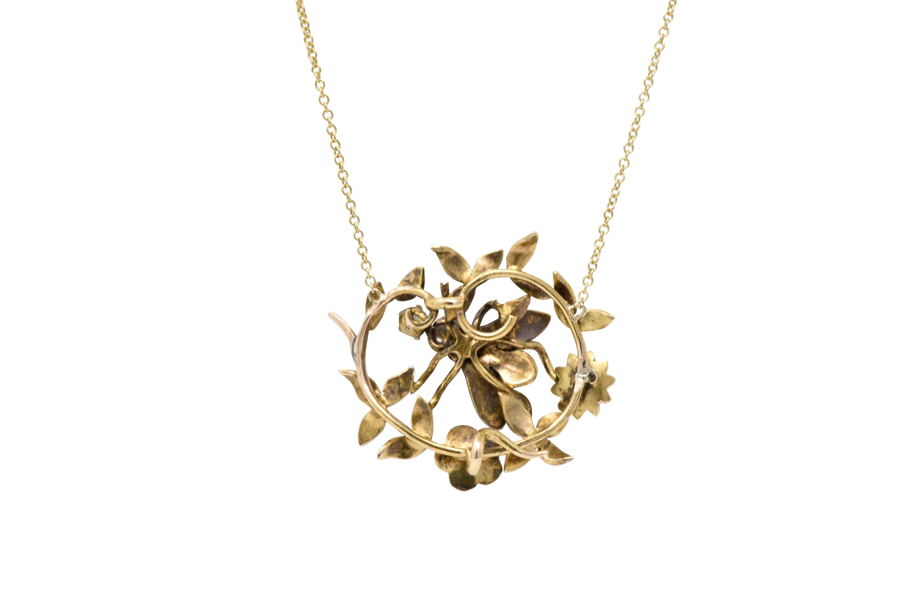 Enchanting Art Nouveau Diamond Enamel 14 Karat Gold Bee Necklace 1