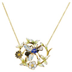 Antique Enchanting Art Nouveau Diamond Enamel 14 Karat Gold Bee Necklace