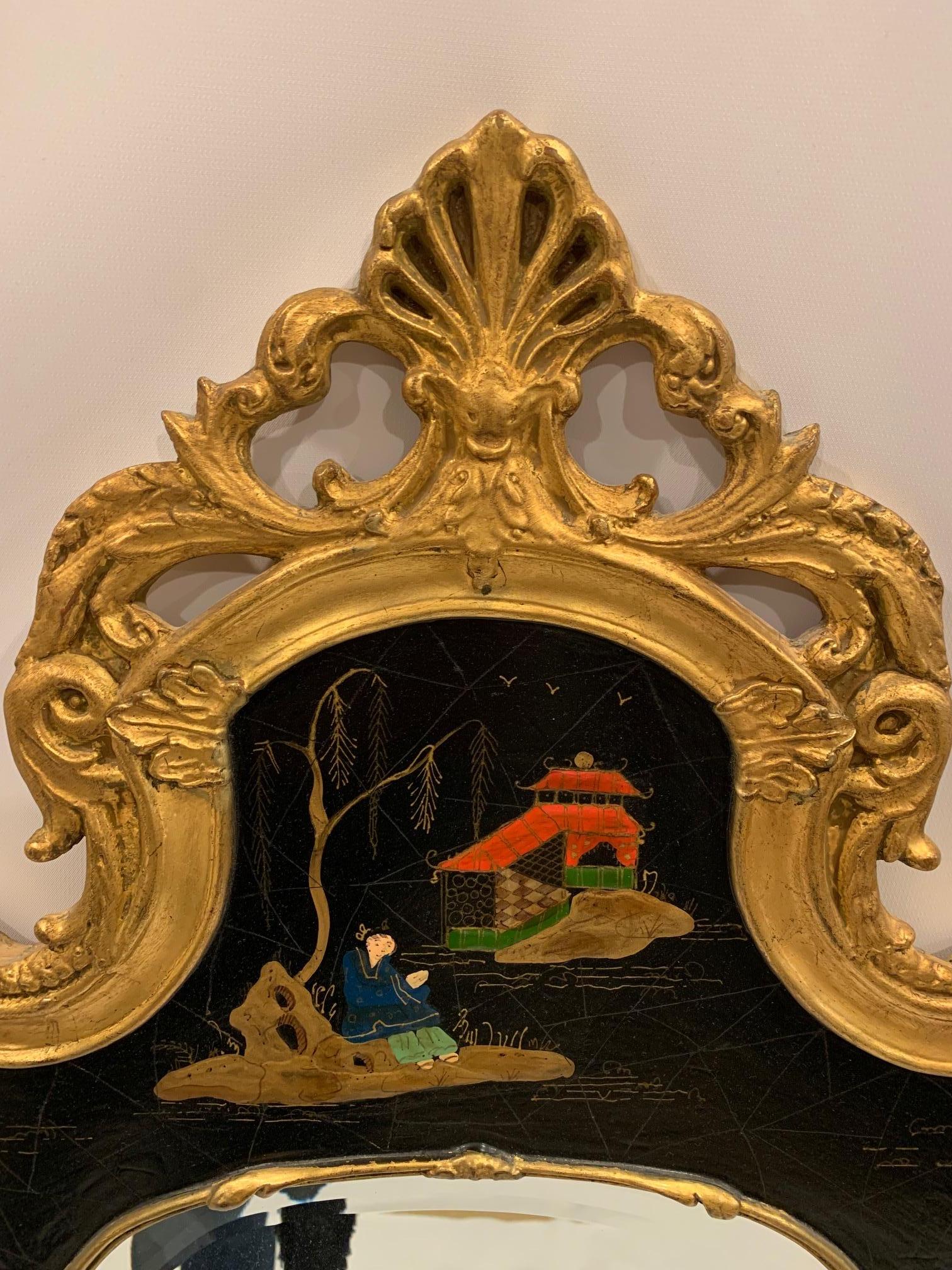 Enchanting Black Red and Gold Chinoiserie Vertical Mirror In Good Condition In Hopewell, NJ
