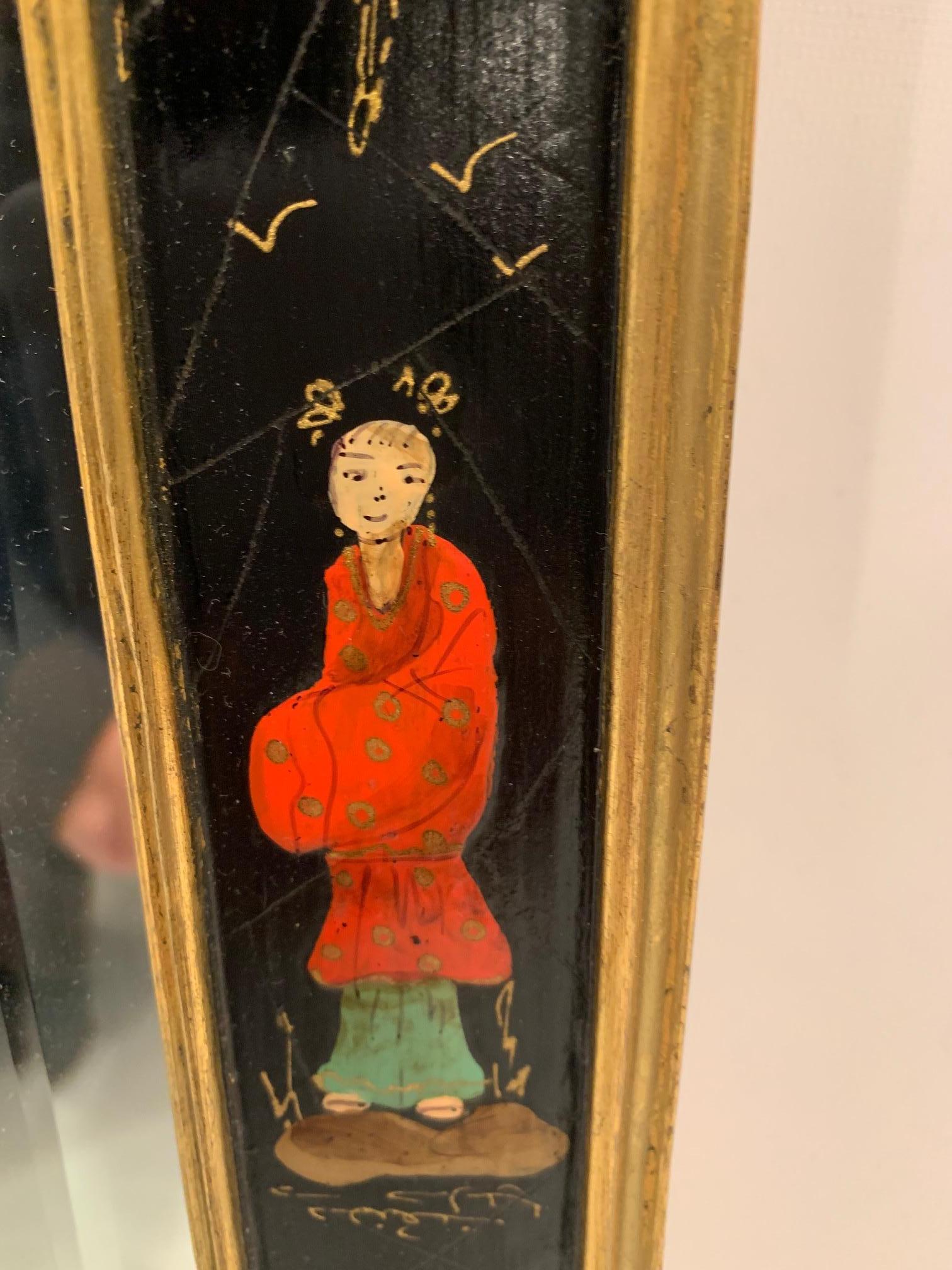 Late 20th Century Enchanting Black Red and Gold Chinoiserie Vertical Mirror