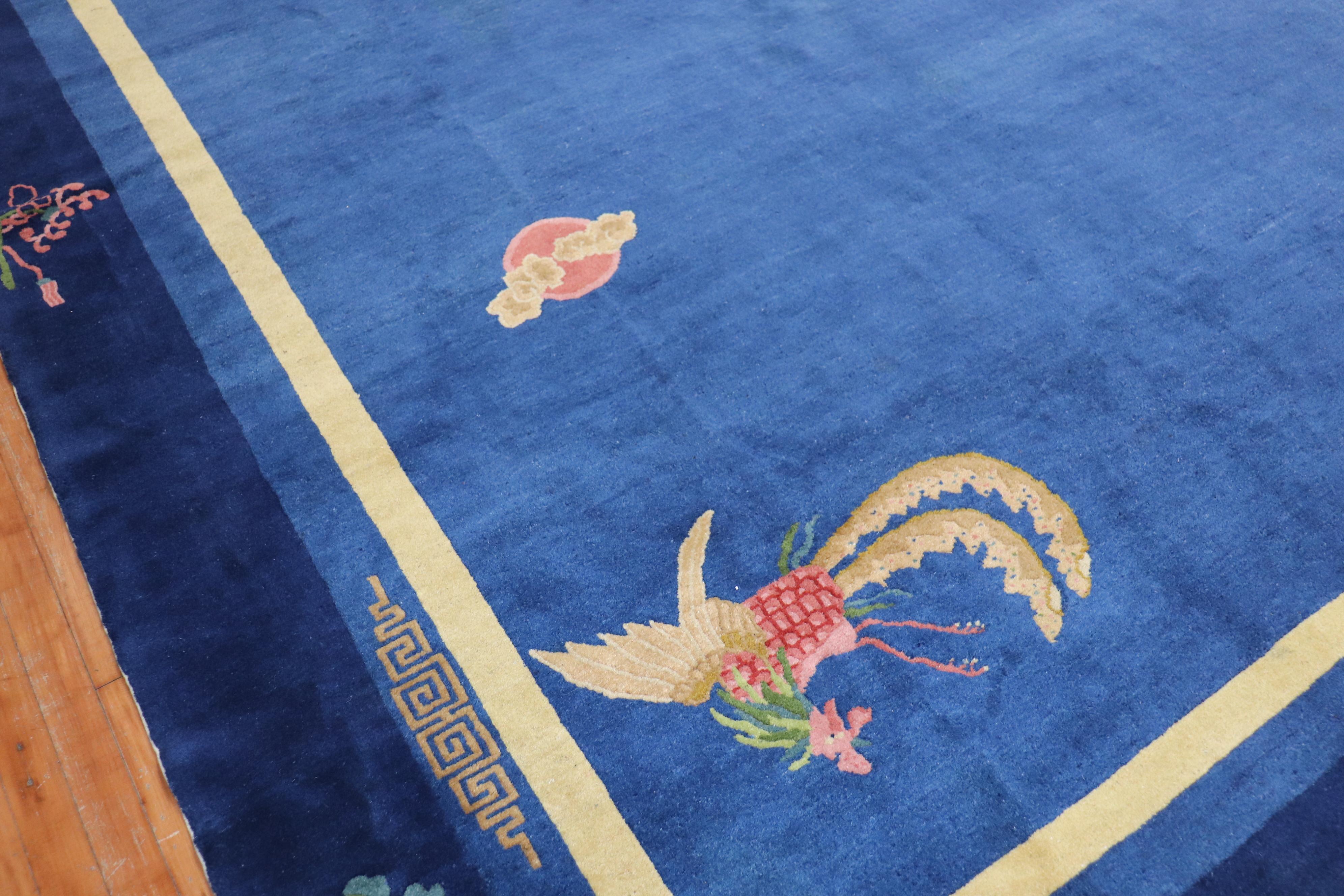 Enchanting Blue Antique Chinese Art Deco Room Size Carpet In Good Condition In New York, NY
