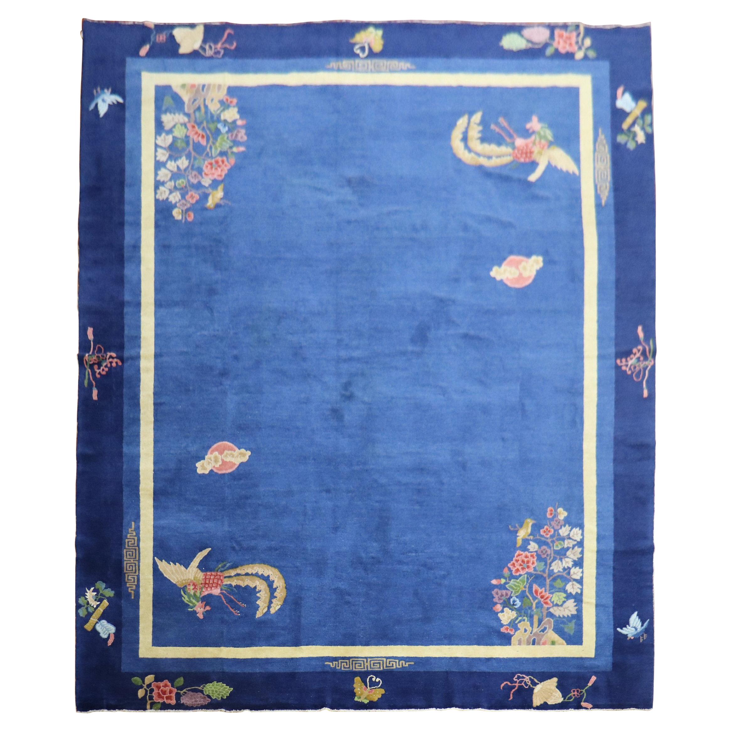 Enchanting Blue Antique Chinese Art Deco Room Size Carpet