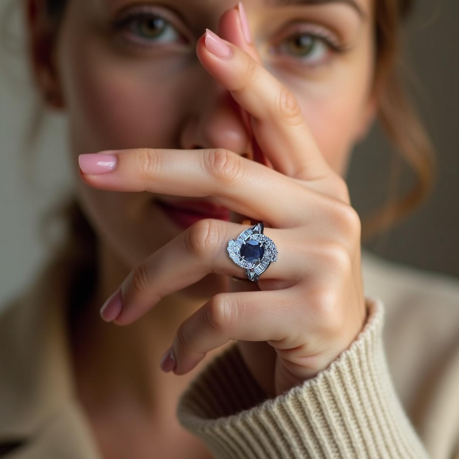 Platinring mit bezauberndem blauem Saphir und natürlichem Diamant-Halo für Damen oder Herren im Angebot