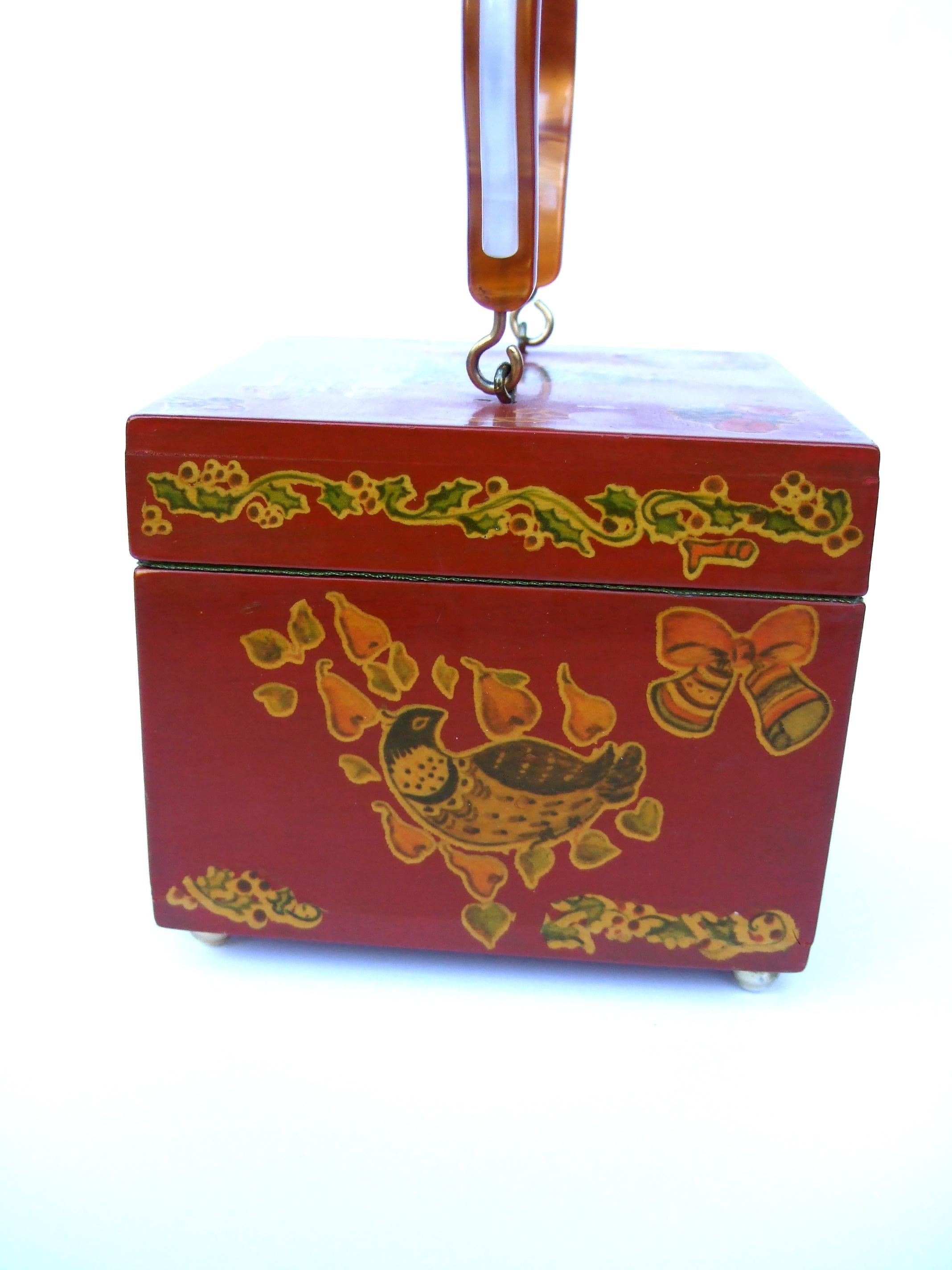Enchanting Christmas Themed Handmade Wood Artisan Decoupage Box Purse c 1960s 3