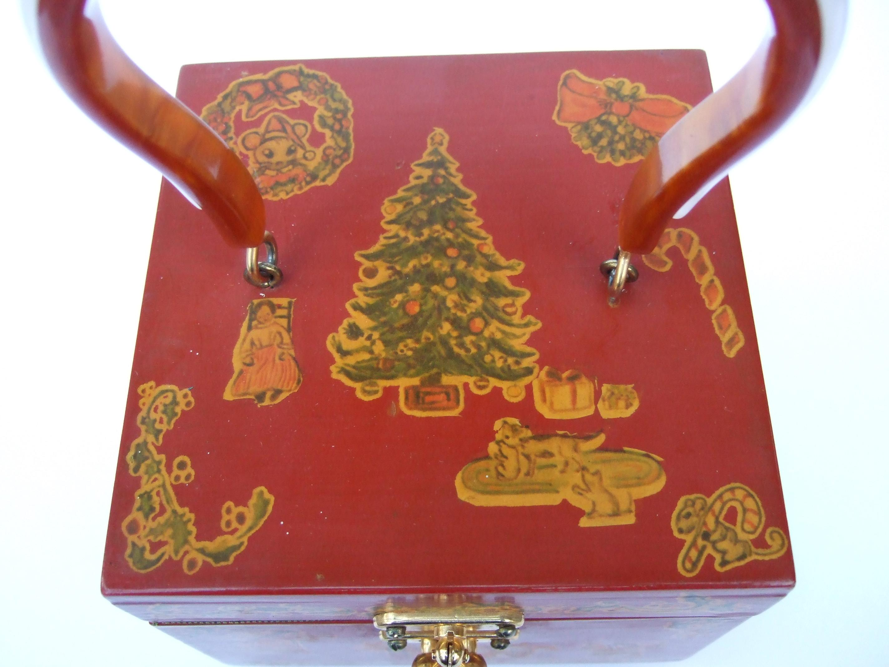 Women's Enchanting Christmas Themed Handmade Wood Artisan Decoupage Box Purse c 1960s