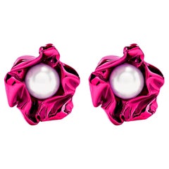 Enchanting Dimensional Fuchsia Stud Earrings Featuring Oversized Pearls