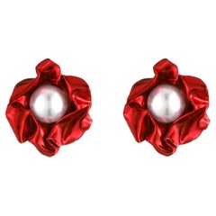 Enchanting Dimensional Ruby Red Stud Earrings Featuring Oversized Pearls