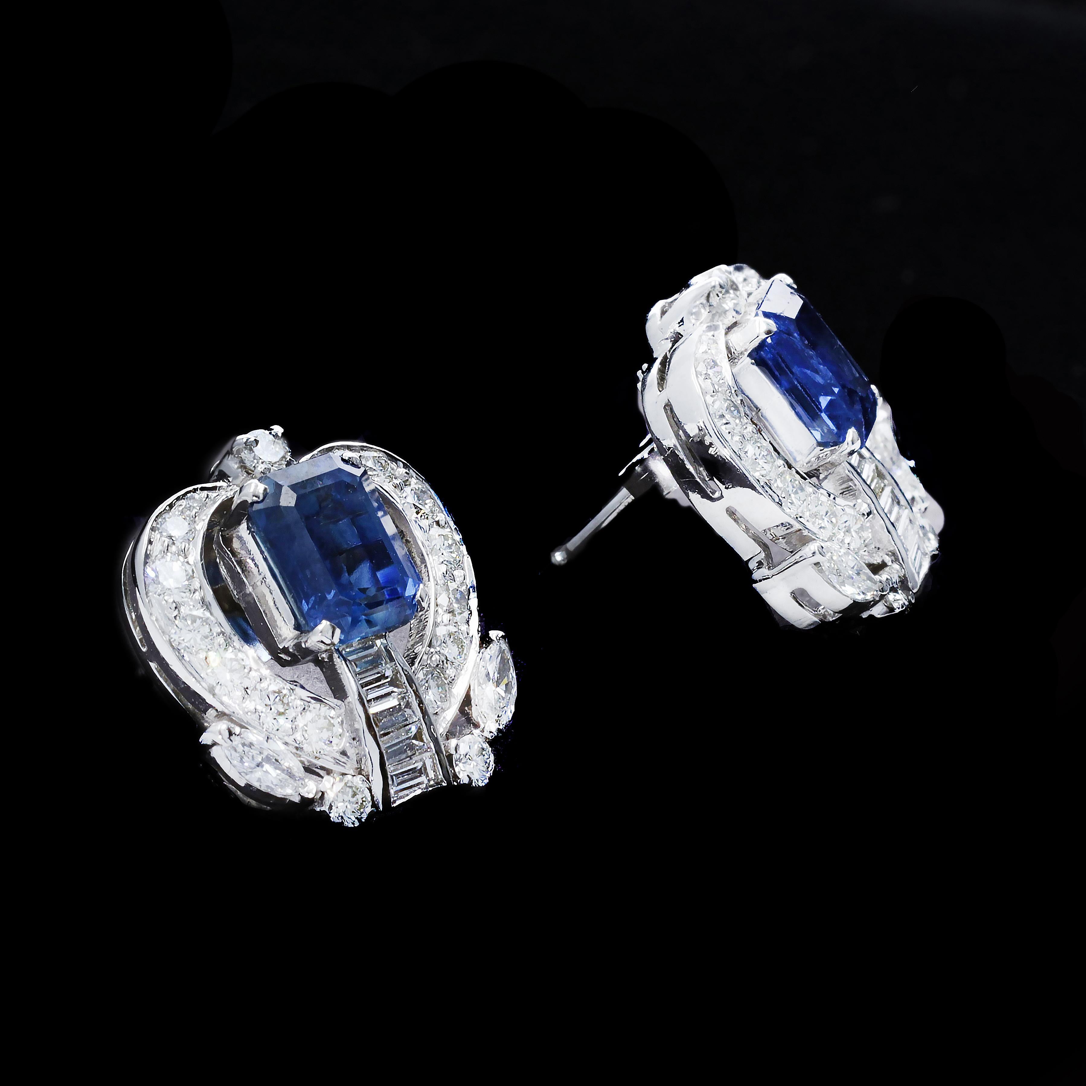 This exceptional set of sapphire and diamond earrings is the perfect pairing of romance and luxury. The earrings feature sparkling round, baguette and marquise cut diamonds that weigh approximately 1.50ct. The color of these diamonds is H with VS