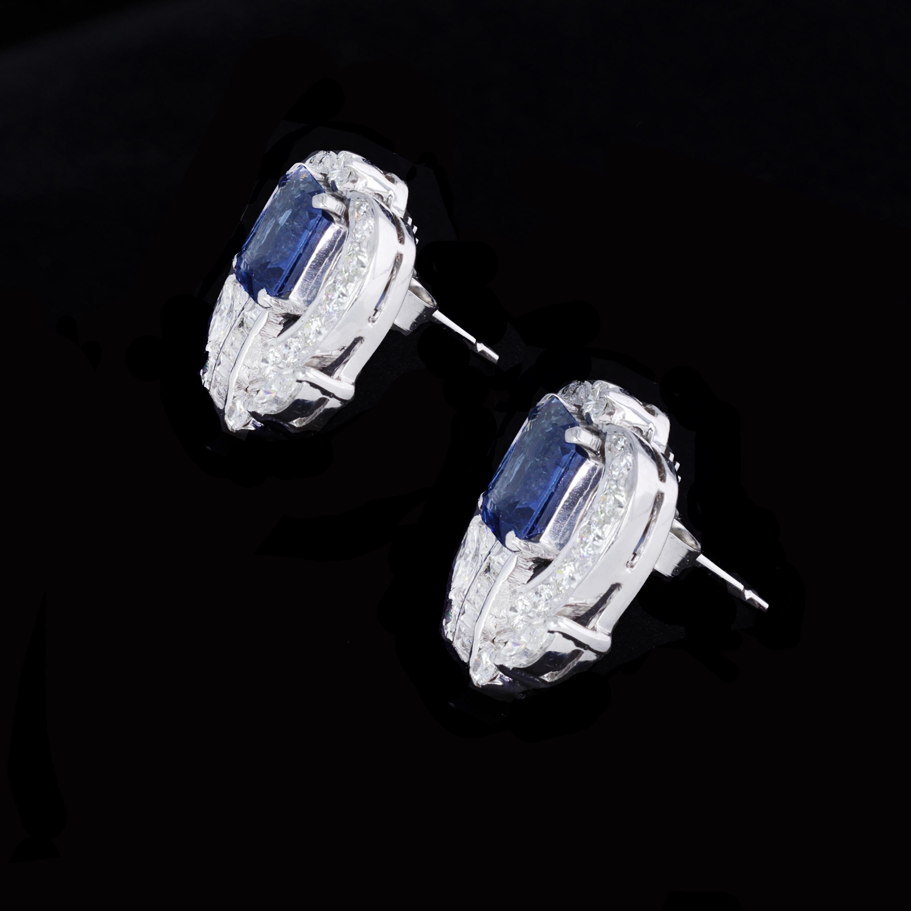 Romantic Enchanting Emerald Cut Sapphire and Diamond Earrings For Sale