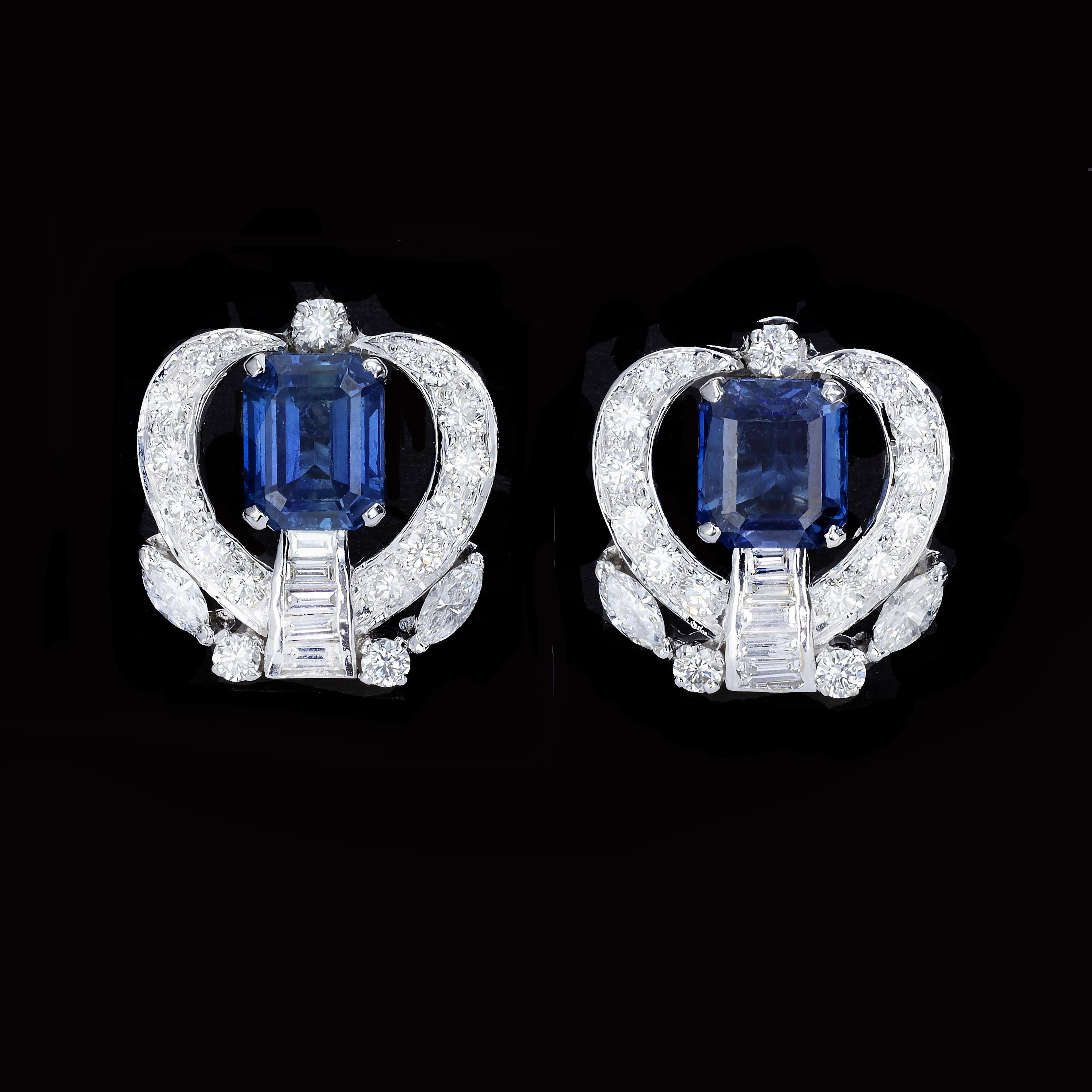 Enchanting Emerald Cut Sapphire and Diamond Earrings In Good Condition For Sale In NEW ORLEANS, LA