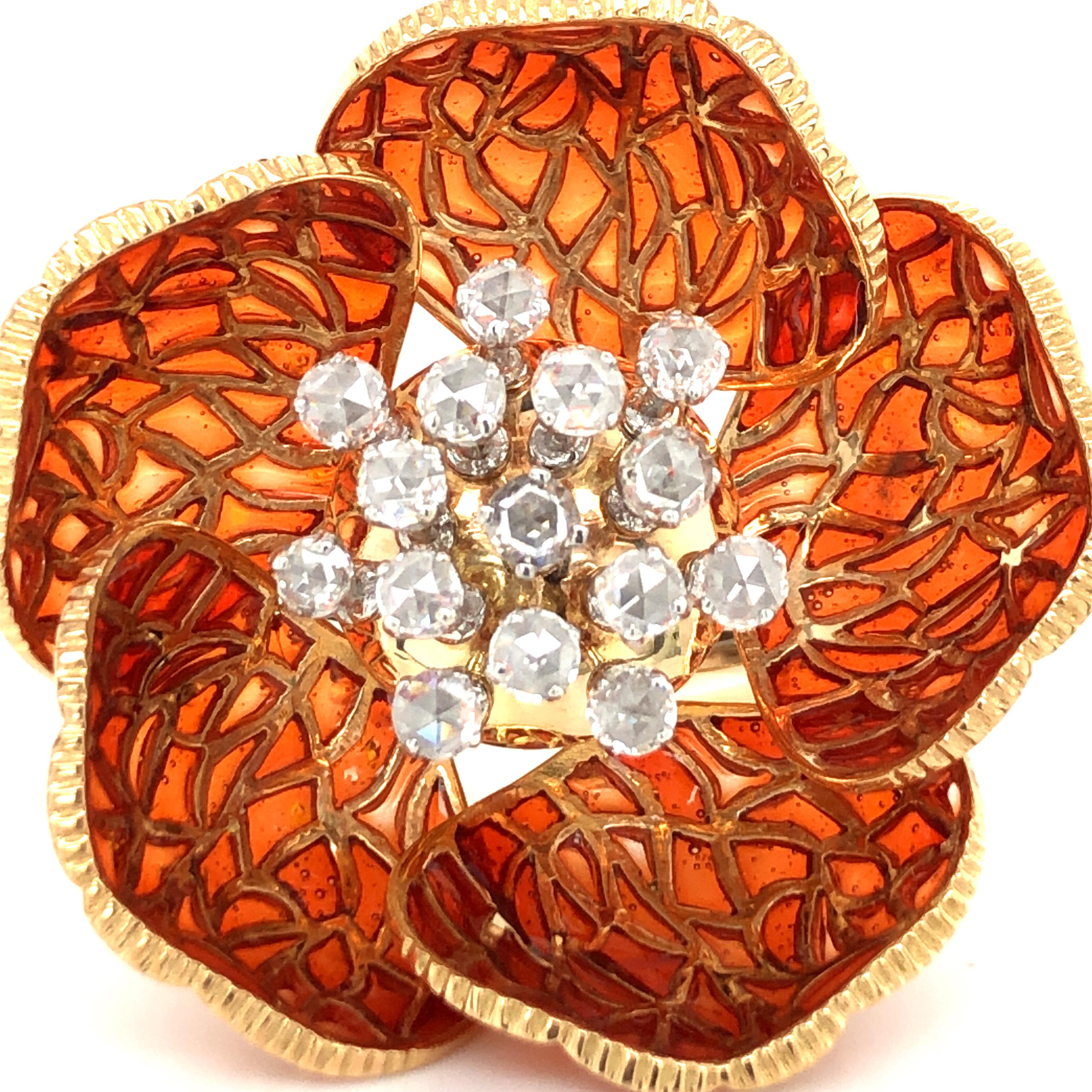 Contemporary Enchanting Enamel and Diamond Flower Ring in 18 Karat Yellow Gold