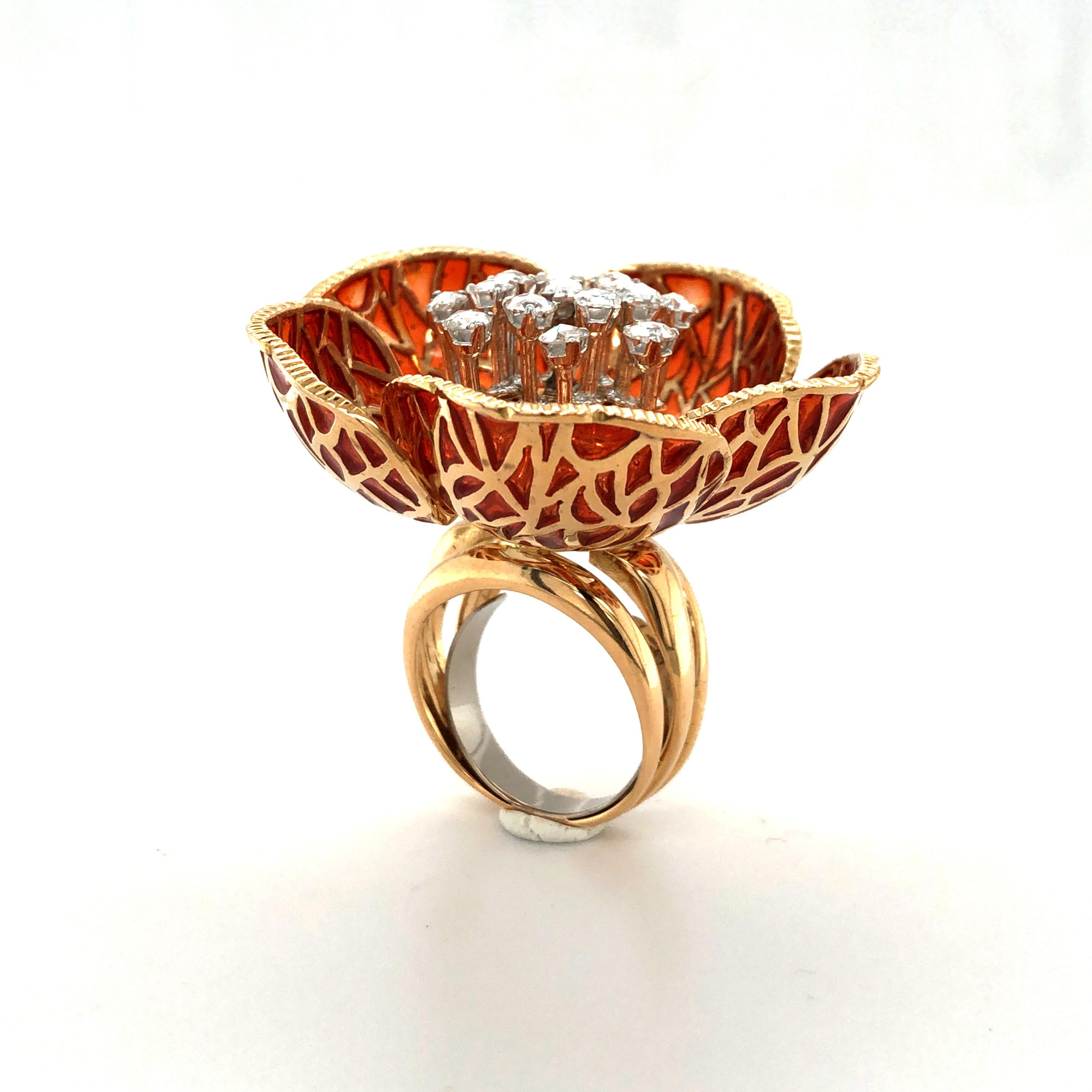 Women's or Men's Enchanting Enamel and Diamond Flower Ring in 18 Karat Yellow Gold