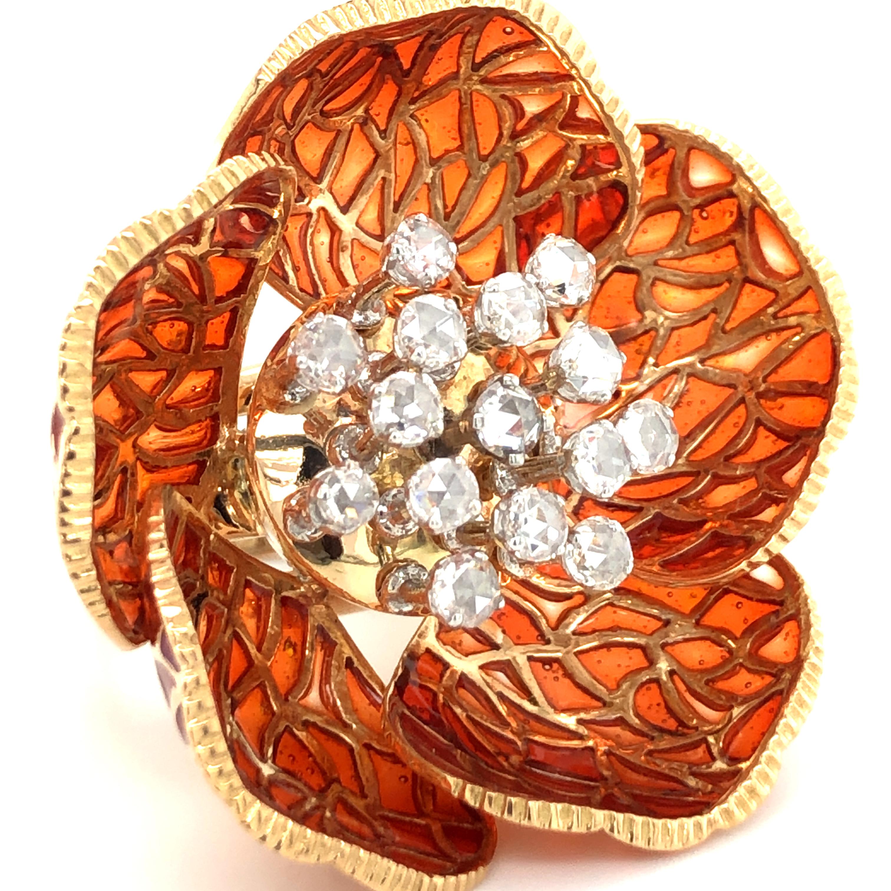 Enchanting Enamel and Diamond Flower Ring in 18 Karat Yellow Gold 1
