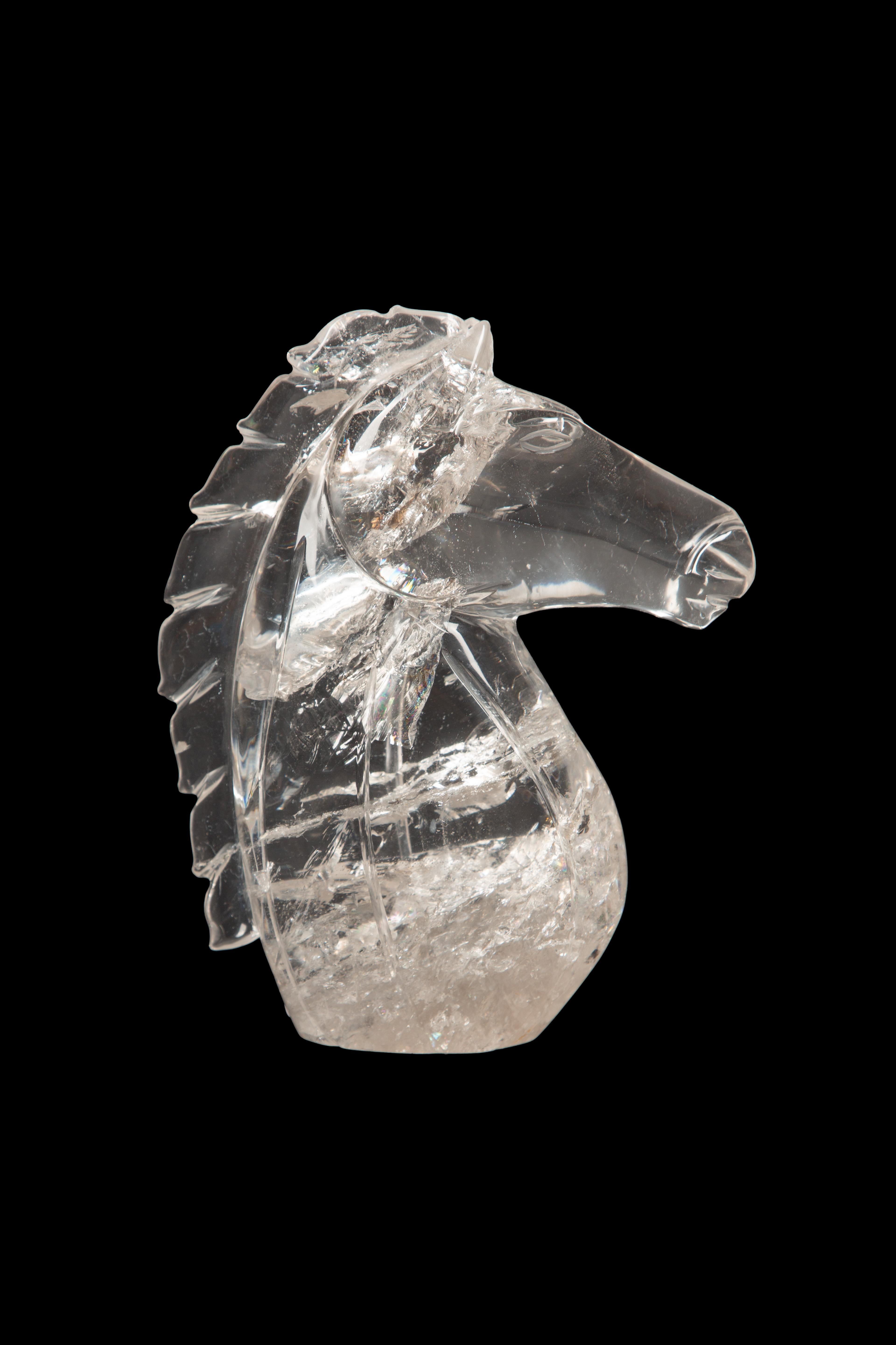 Enchanting Equestrian Elegance: Hand-Carved Rock Crystal Horse Head from Brazil  In New Condition For Sale In New York, NY