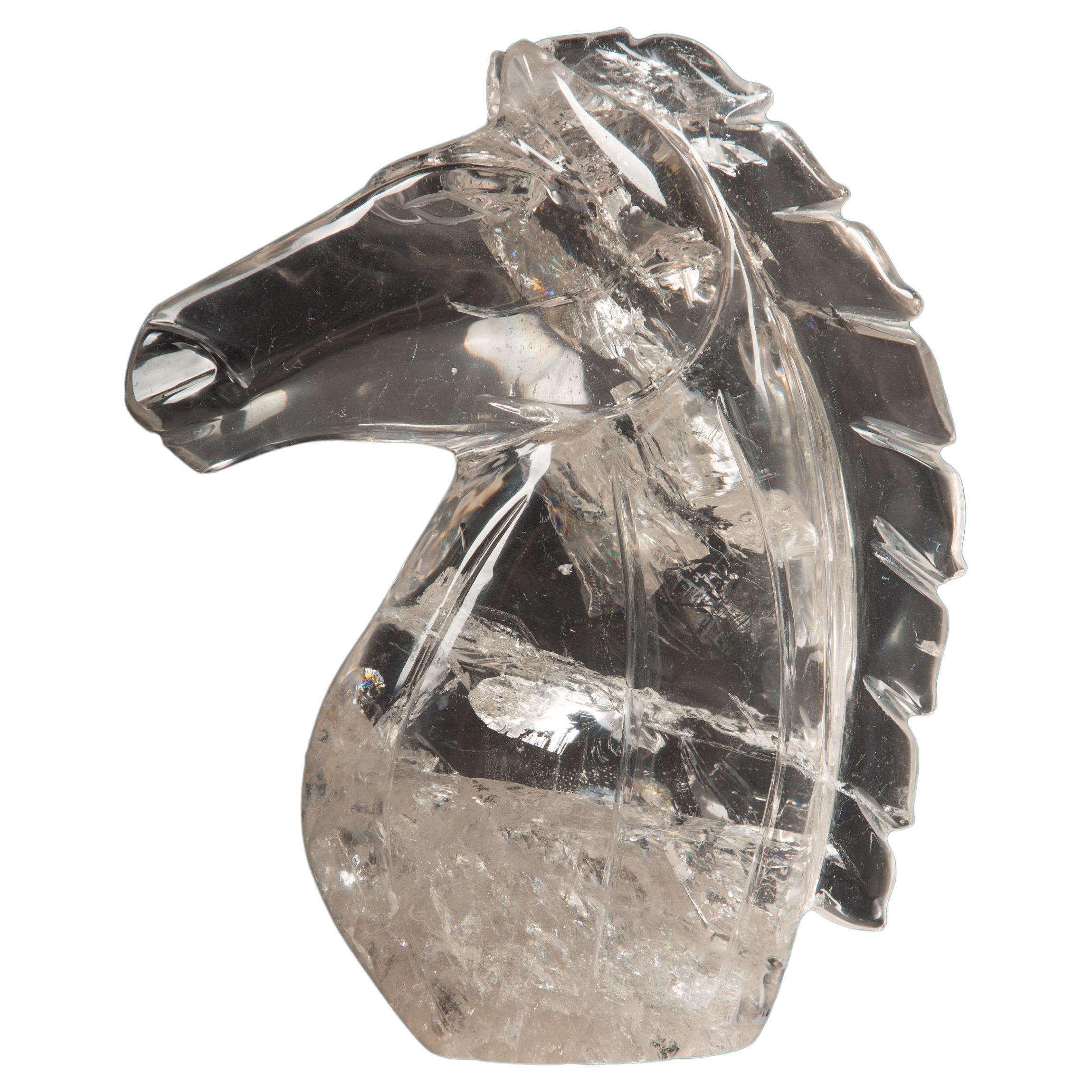 Enchanting Equestrian Elegance: Hand-Carved Rock Crystal Horse Head from Brazil  For Sale