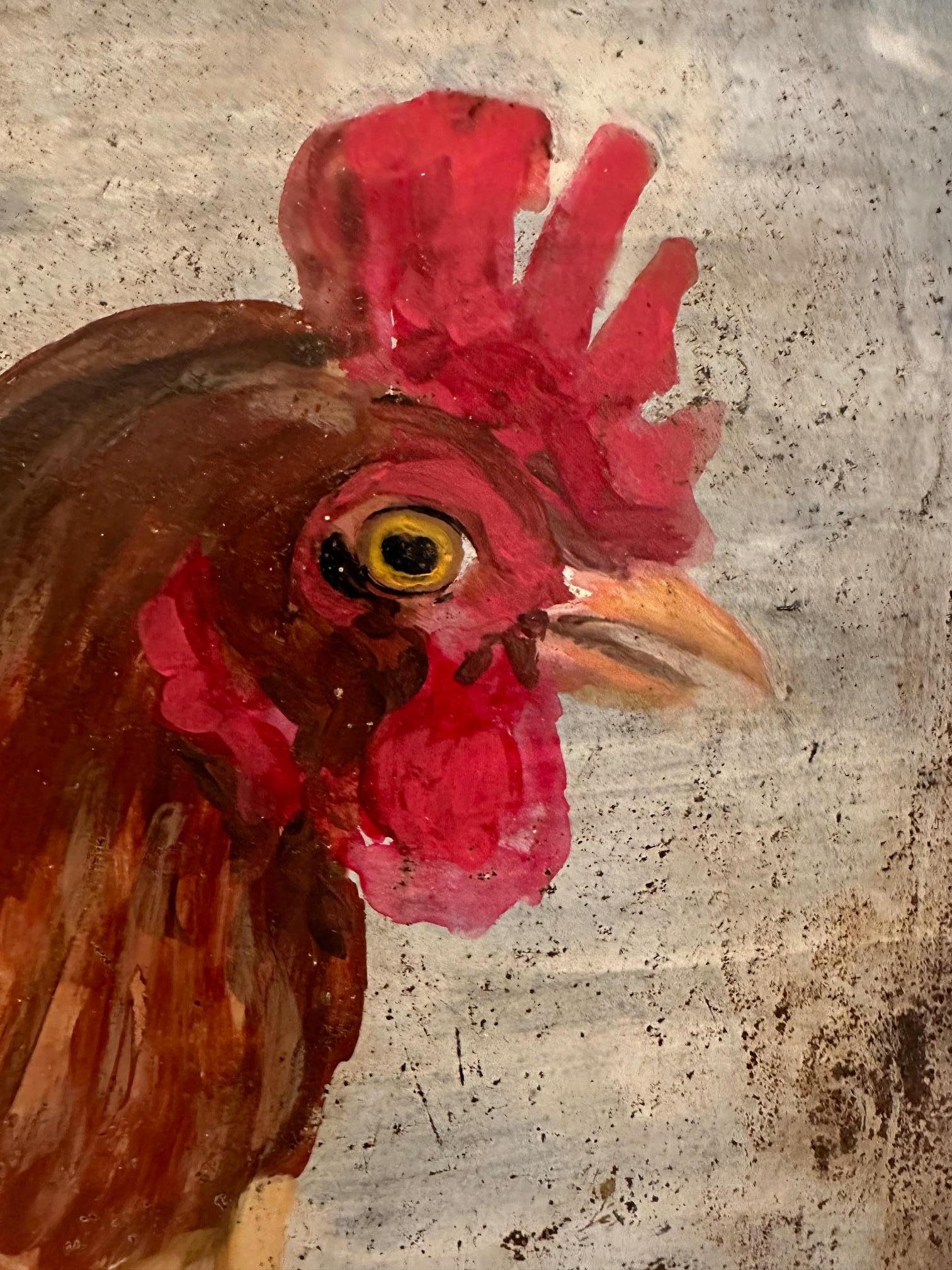 Enchanting self taught art from Kentucky of a country rooster with the words Fresh Eggs scrawled boldly, all on distressed tin mounted on board.  Was probably used as a roadside sign.