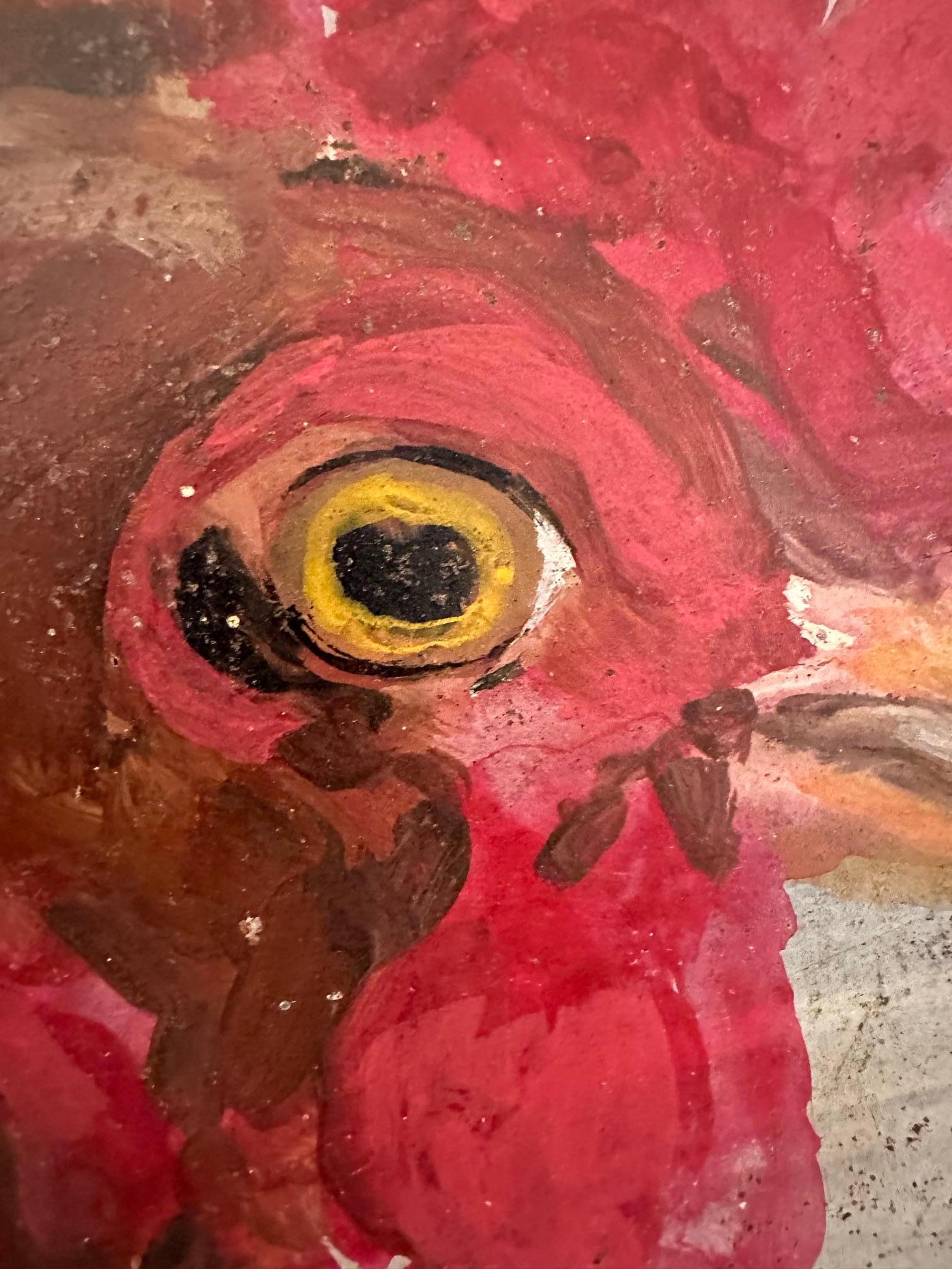 Artisanat Charmante peinture d'art populaire représentant un coq sur de l'étain  en vente