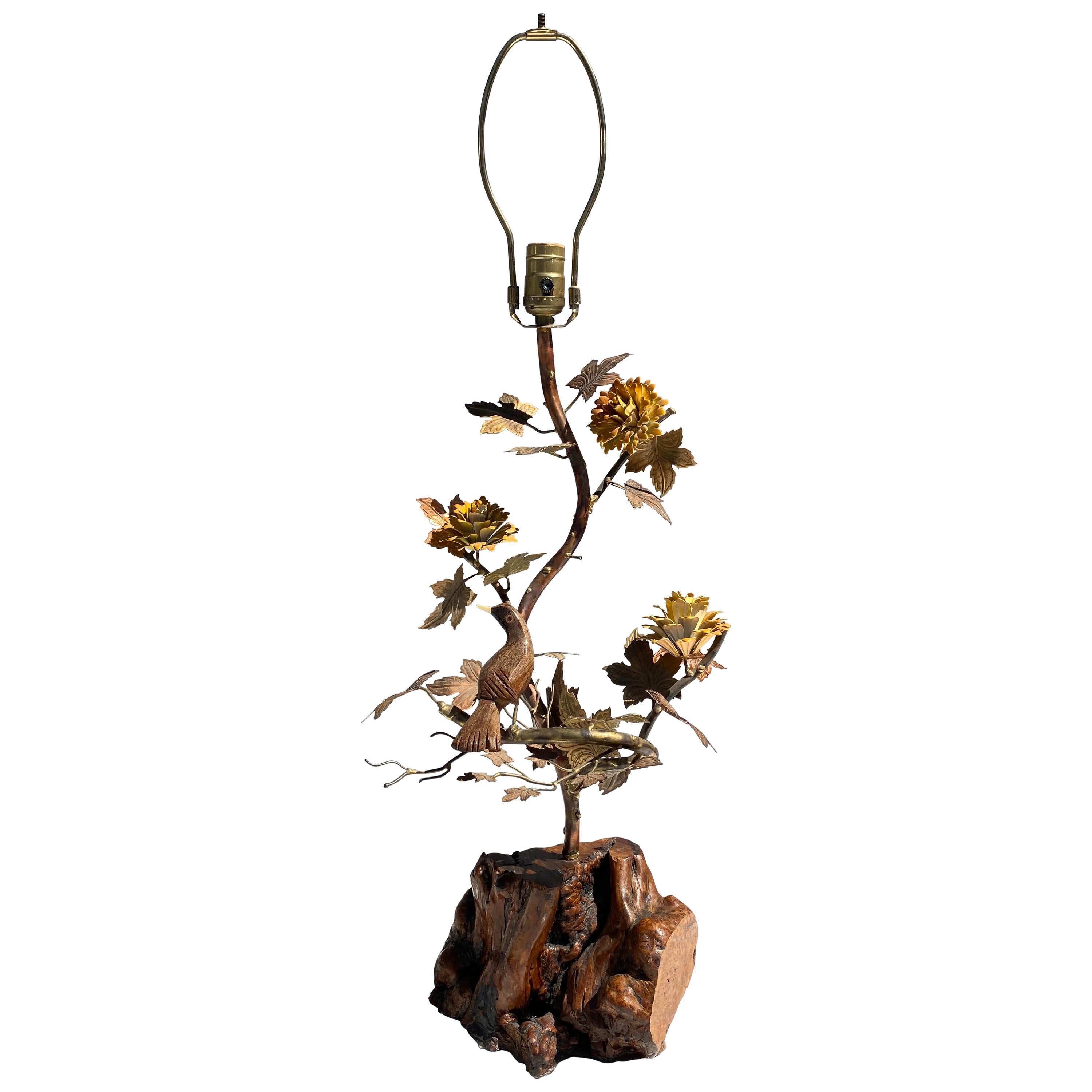 "Enchanting Forest" Brass and Burl Wood Lamp