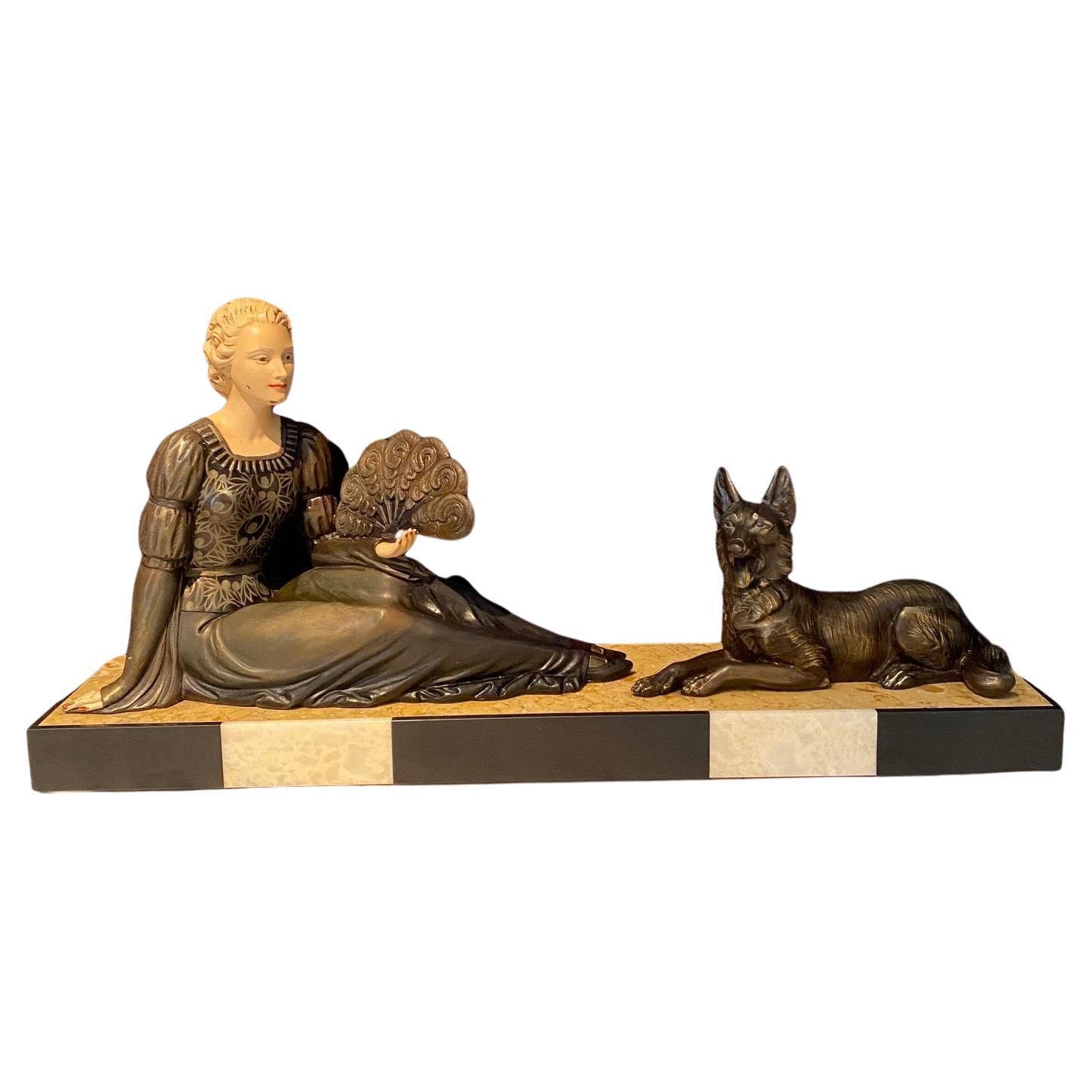 Enchanting French Art Deco Sculpture of Lady with Fan and German Shepherd For Sale