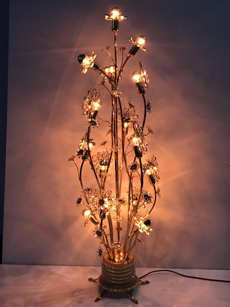 Enchanting Illuminated Crystal Flower and Brass Floor Lamp by Palwa at